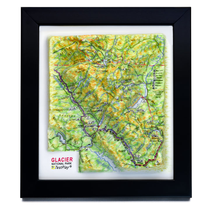 TestPlayNA 3D raised relief map of Glacier National Park showing lakes, valleys, and glaciers