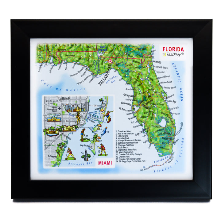 TestPlayNA 3D raised relief map of Florida and Miami showing coastline, Everglades, and cities