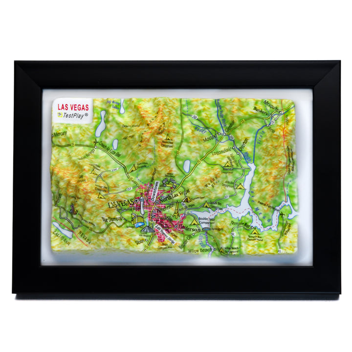 TestPlayNA 3D raised relief map of Las Vegas showing urban layout and surrounding terrain