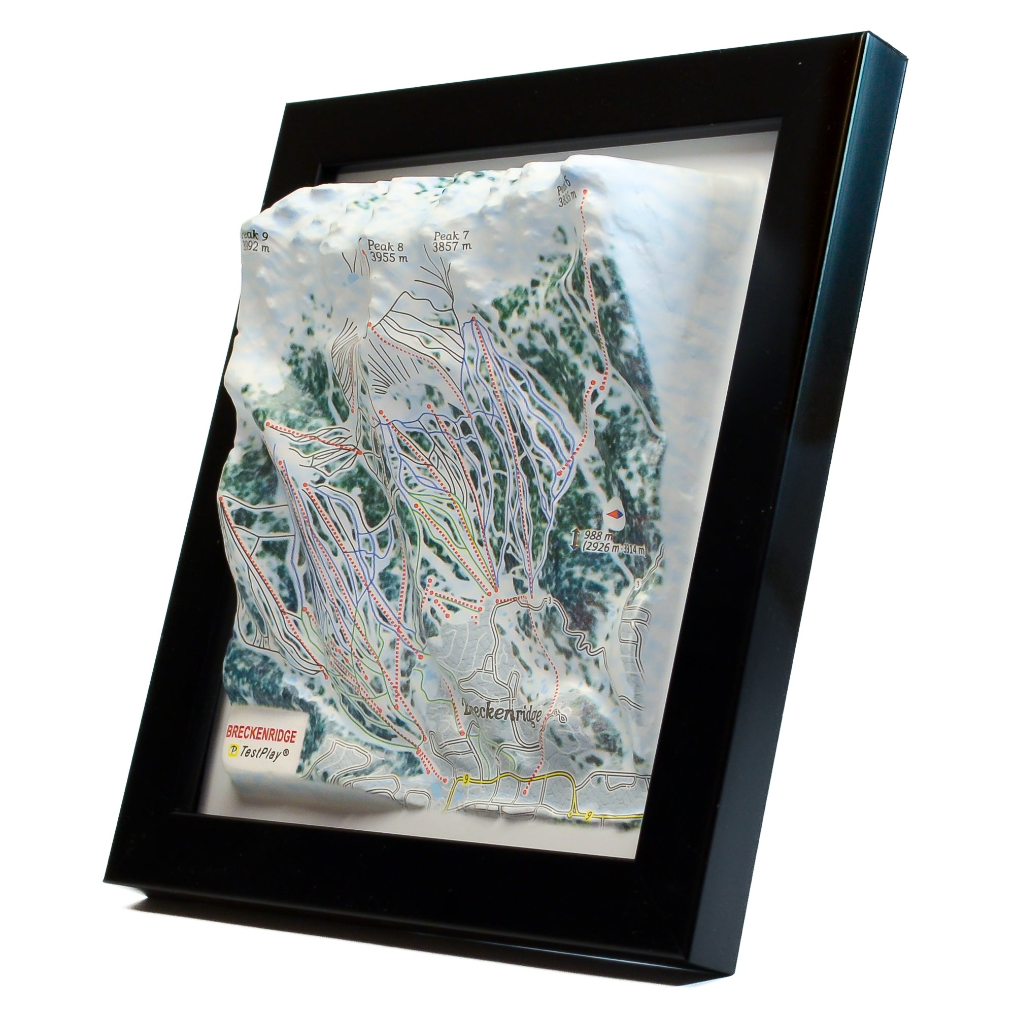 TESTPLAY Breckenridge Ski Area 3D raised relief map showing topography, lifts and ski runs.