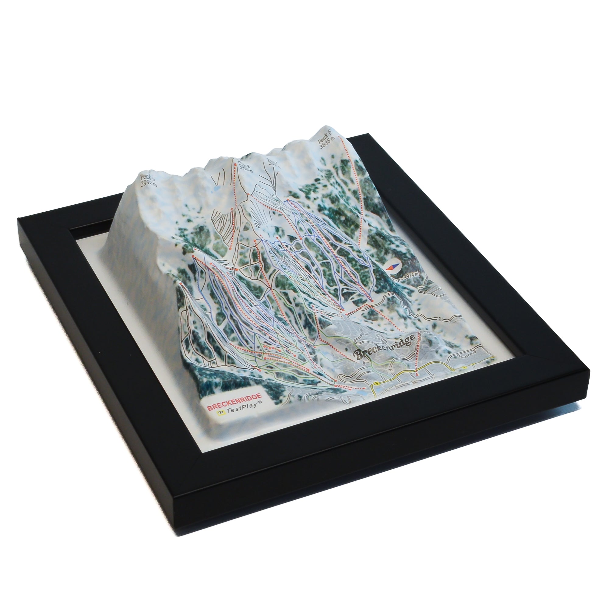 TESTPLAY Breckenridge Ski Area 3D raised relief map showing topography, lifts and ski runs.
