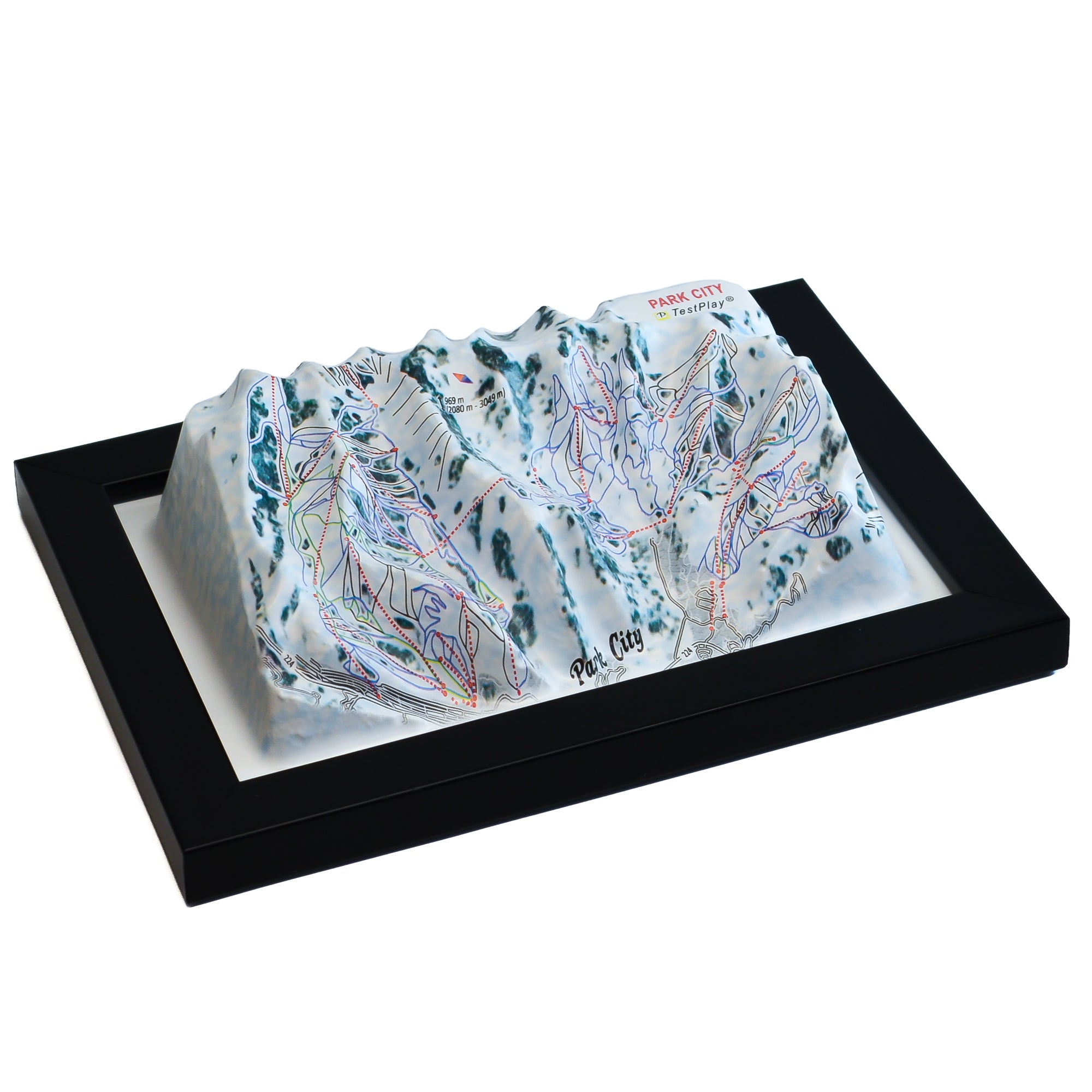 TestPlayNA 3D ski resort map of Park City showing vast terrain, runs, and lifts