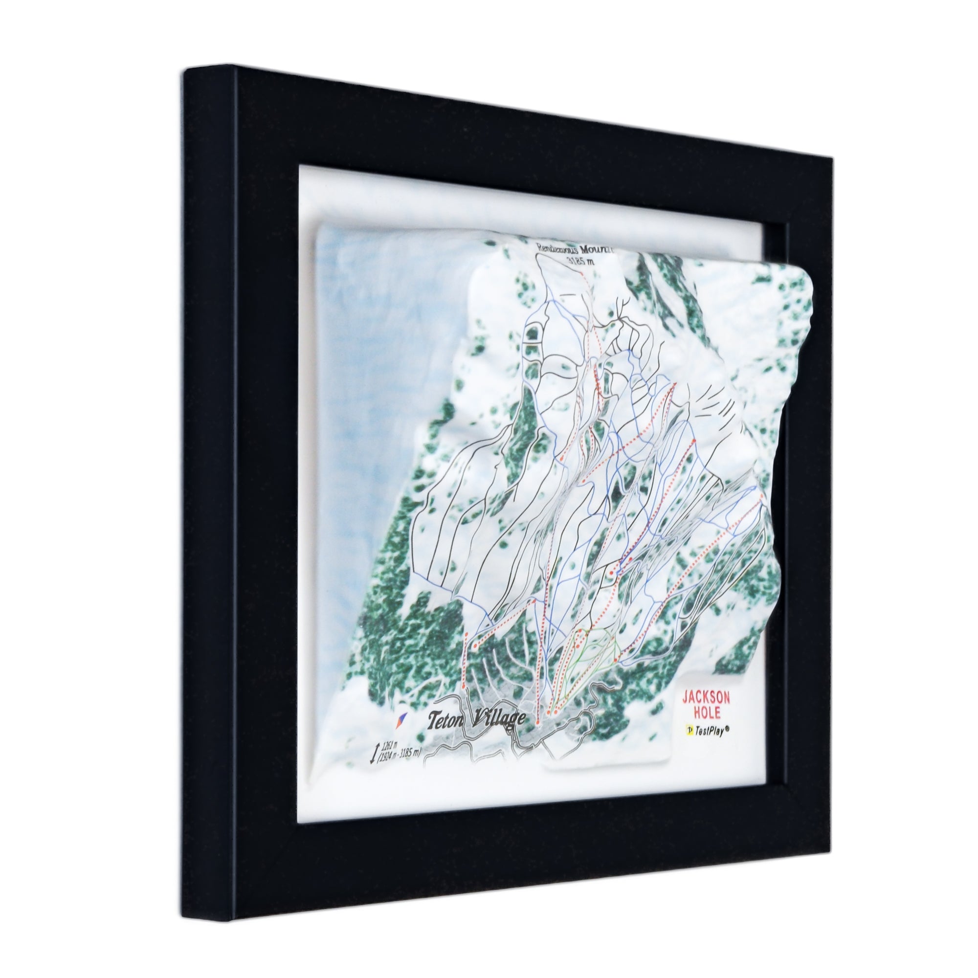 TestPlayNA 3D ski resort map of Jackson Hole, Tetons showing steep terrain, runs, and lifts
