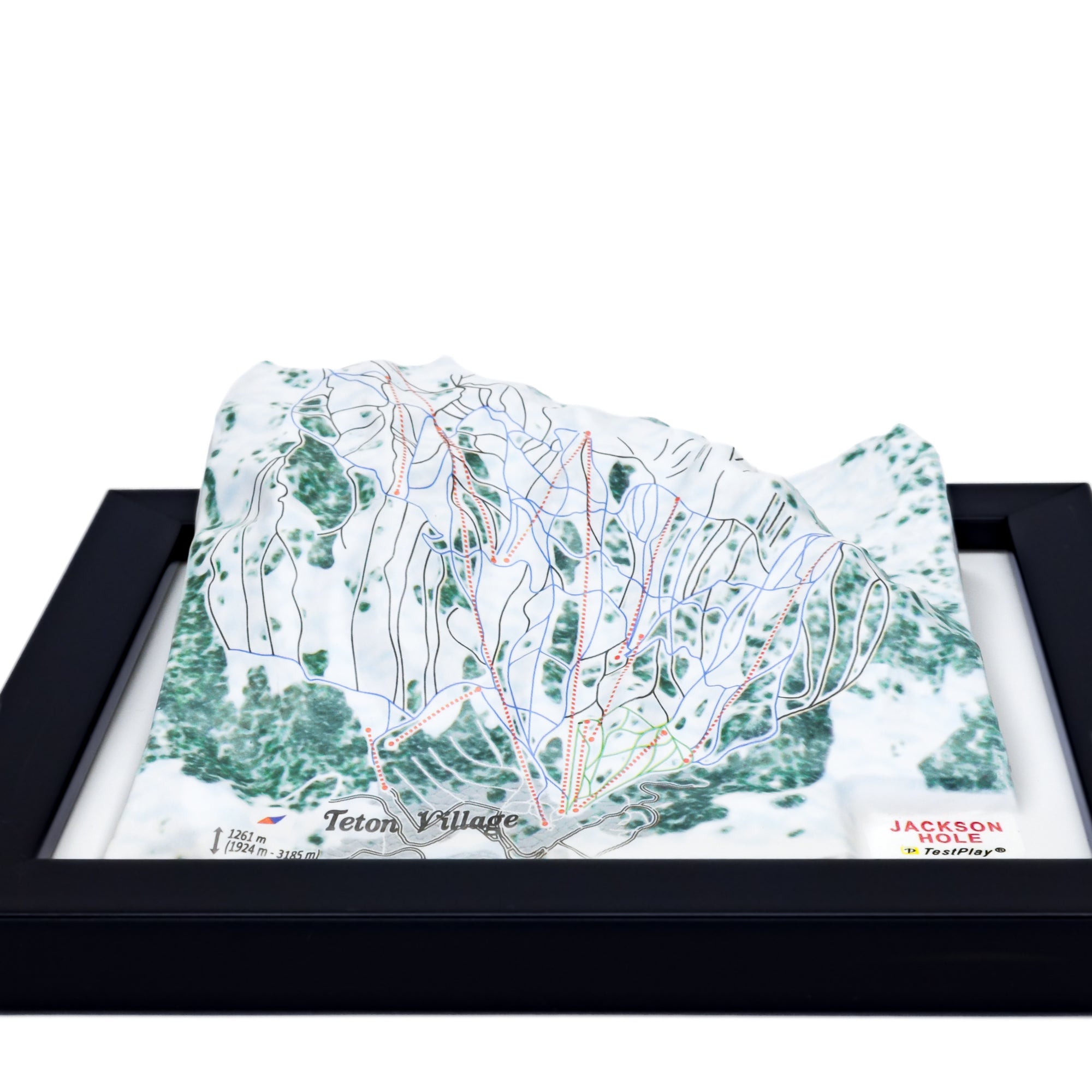 TestPlayNA 3D ski resort map of Jackson Hole, Tetons showing steep terrain, runs, and lifts