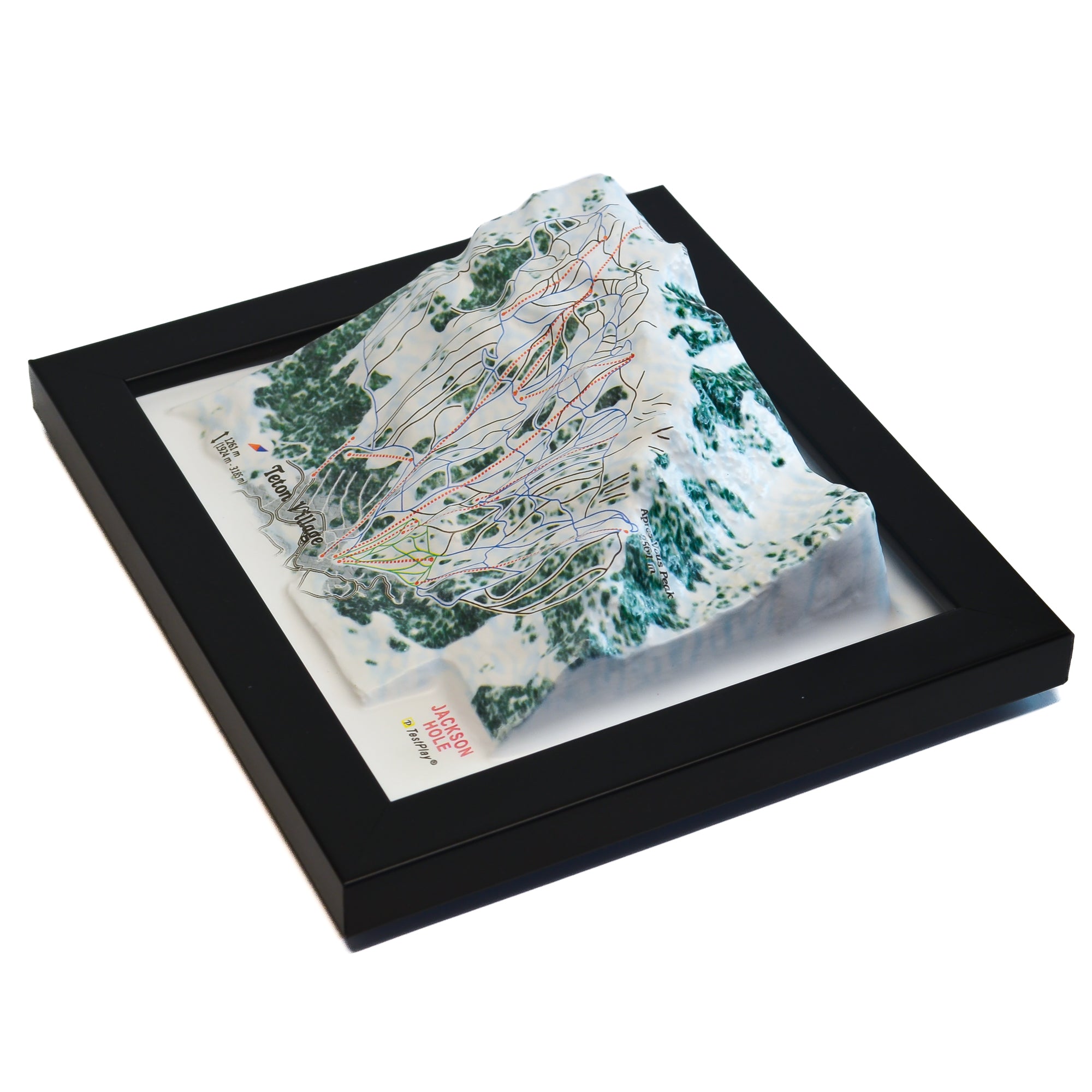 TestPlayNA 3D ski resort map of Jackson Hole, Tetons showing steep terrain, runs, and lifts