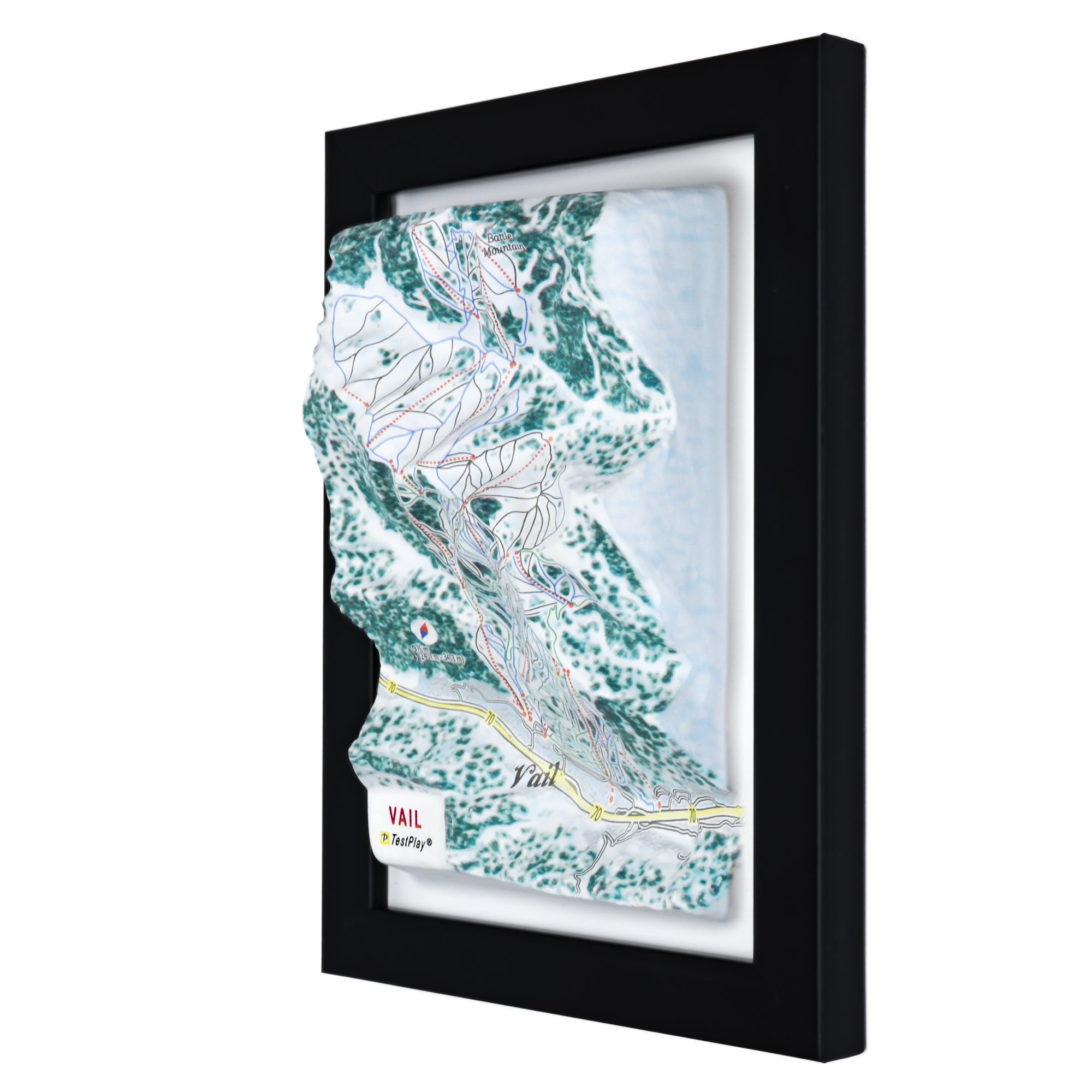 TestPlayNA 3D ski resort map of Vail, Rocky Mountains showing terrain, runs, and back bowls