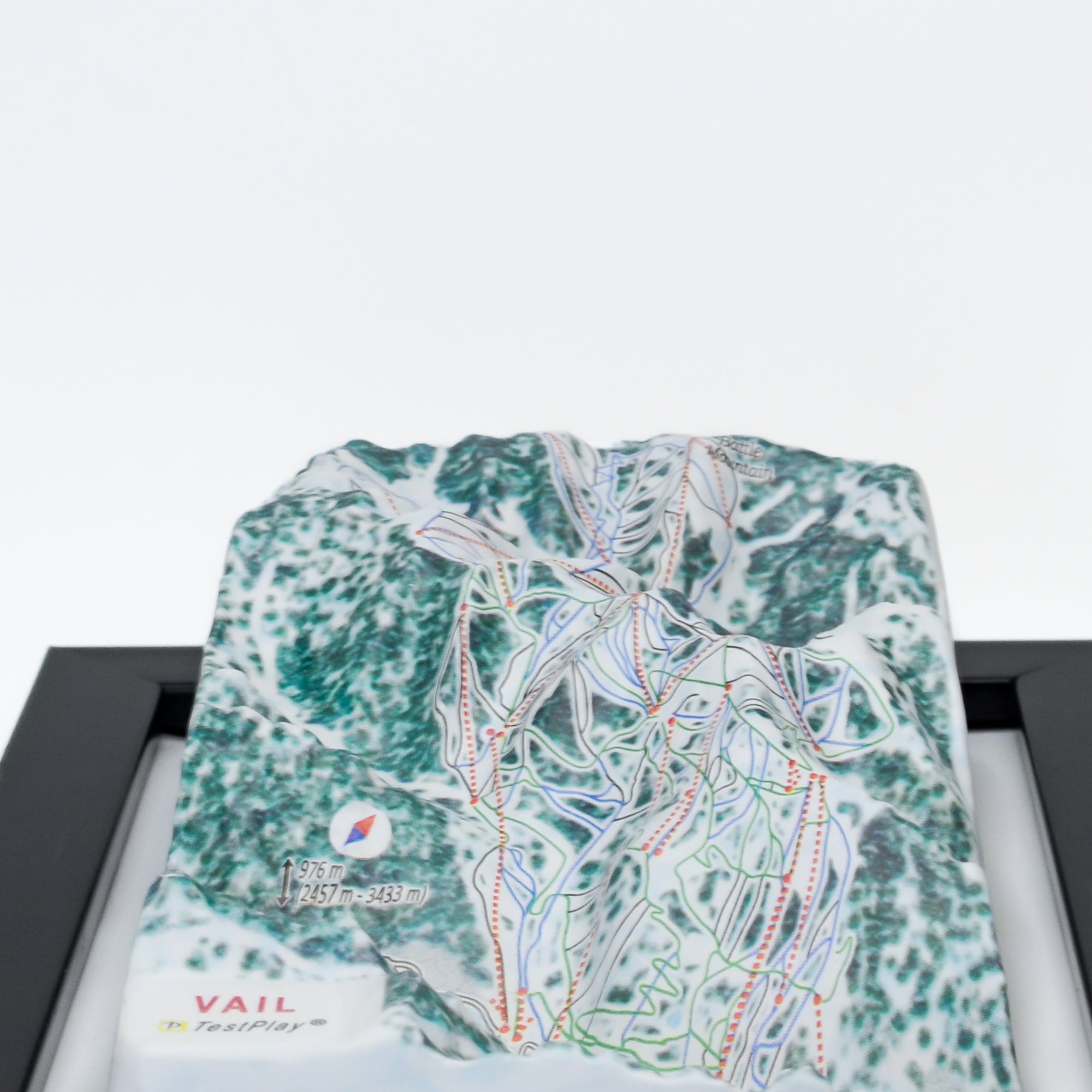 TestPlayNA 3D ski resort map of Vail, Rocky Mountains showing terrain, runs, and back bowls