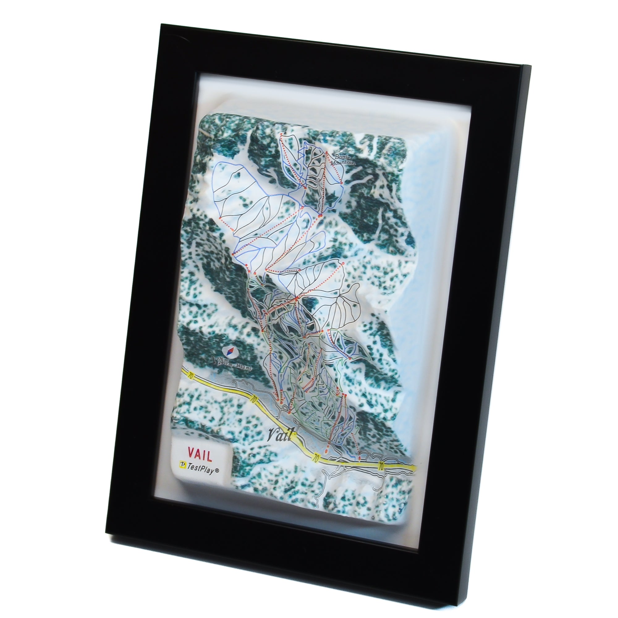 TestPlayNA 3D ski resort map of Vail, Rocky Mountains showing terrain, runs, and back bowls