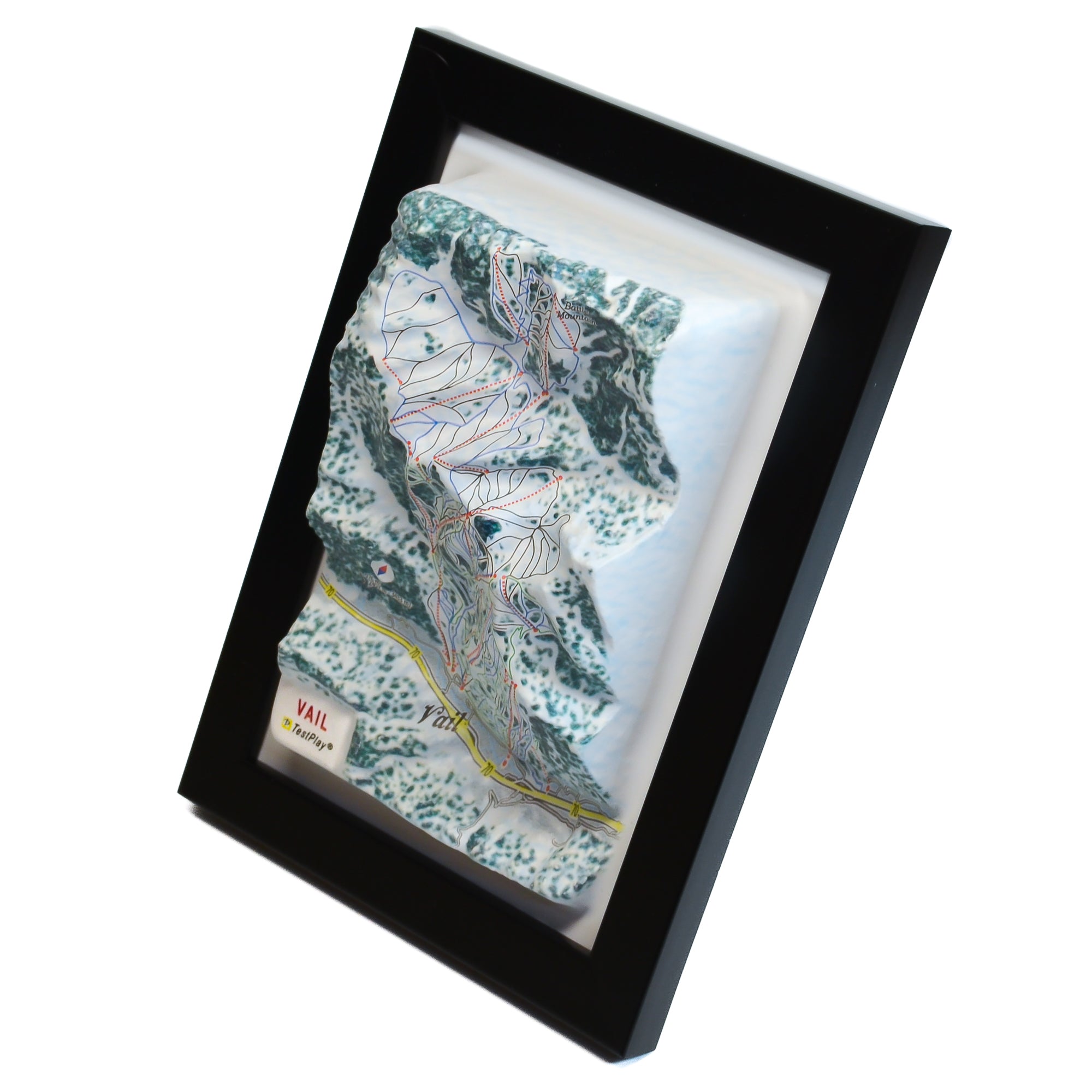 TestPlayNA 3D ski resort map of Vail, Rocky Mountains showing terrain, runs, and back bowls