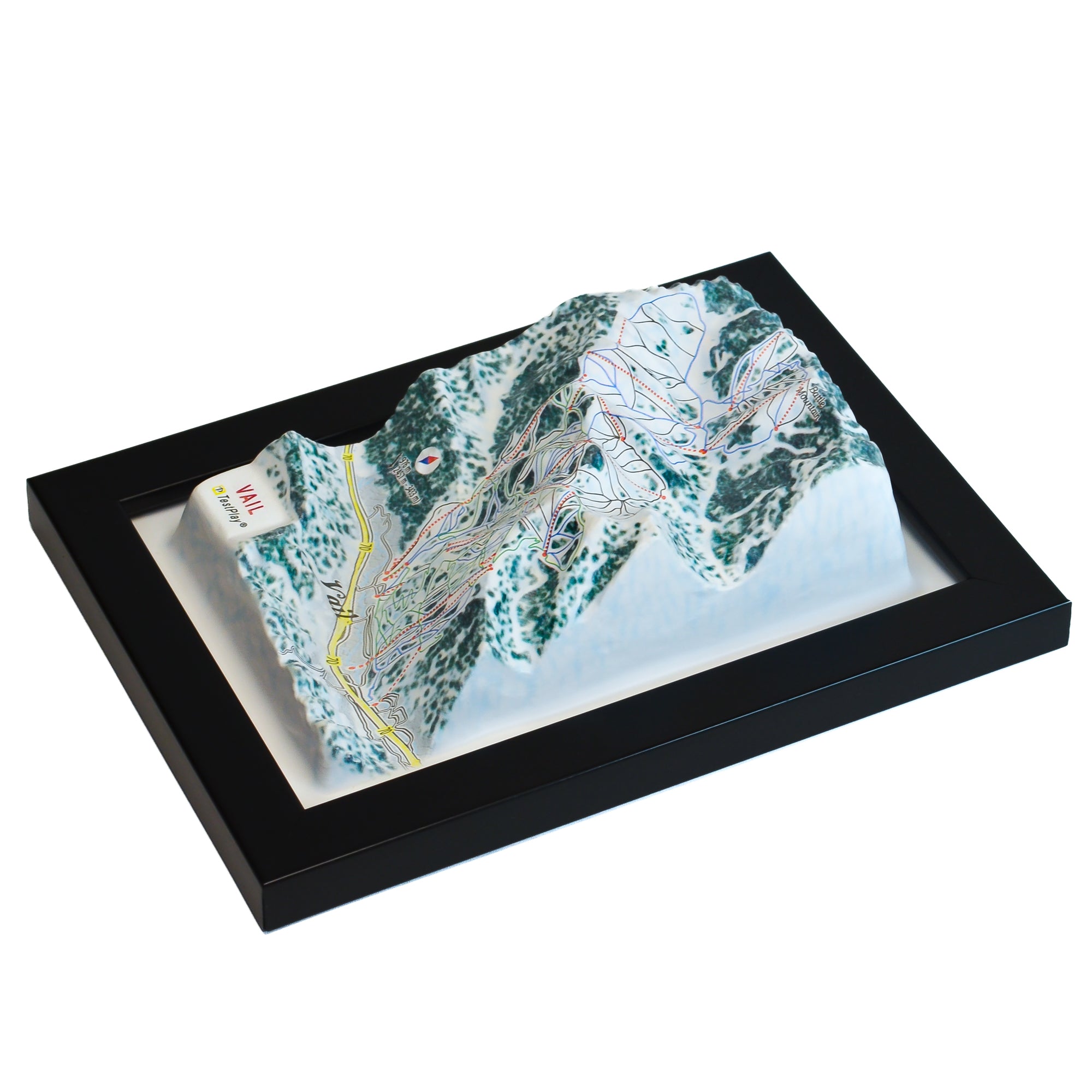 TestPlayNA 3D ski resort map of Vail, Rocky Mountains showing terrain, runs, and back bowls