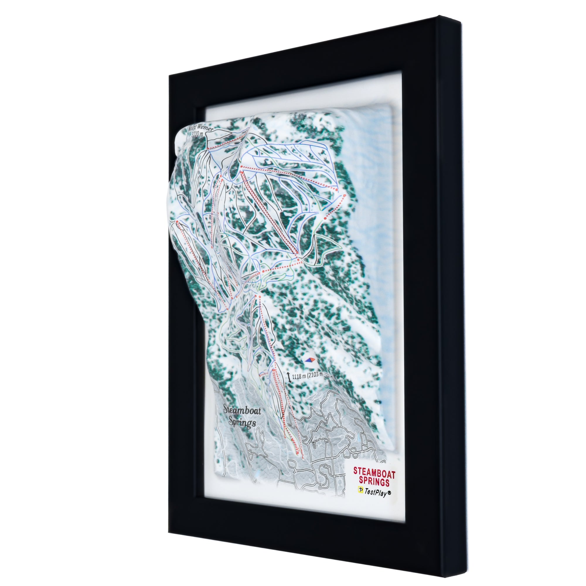 TestPlayNA 3D ski resort map of Steamboat Springs showing family-friendly terrain and lifts