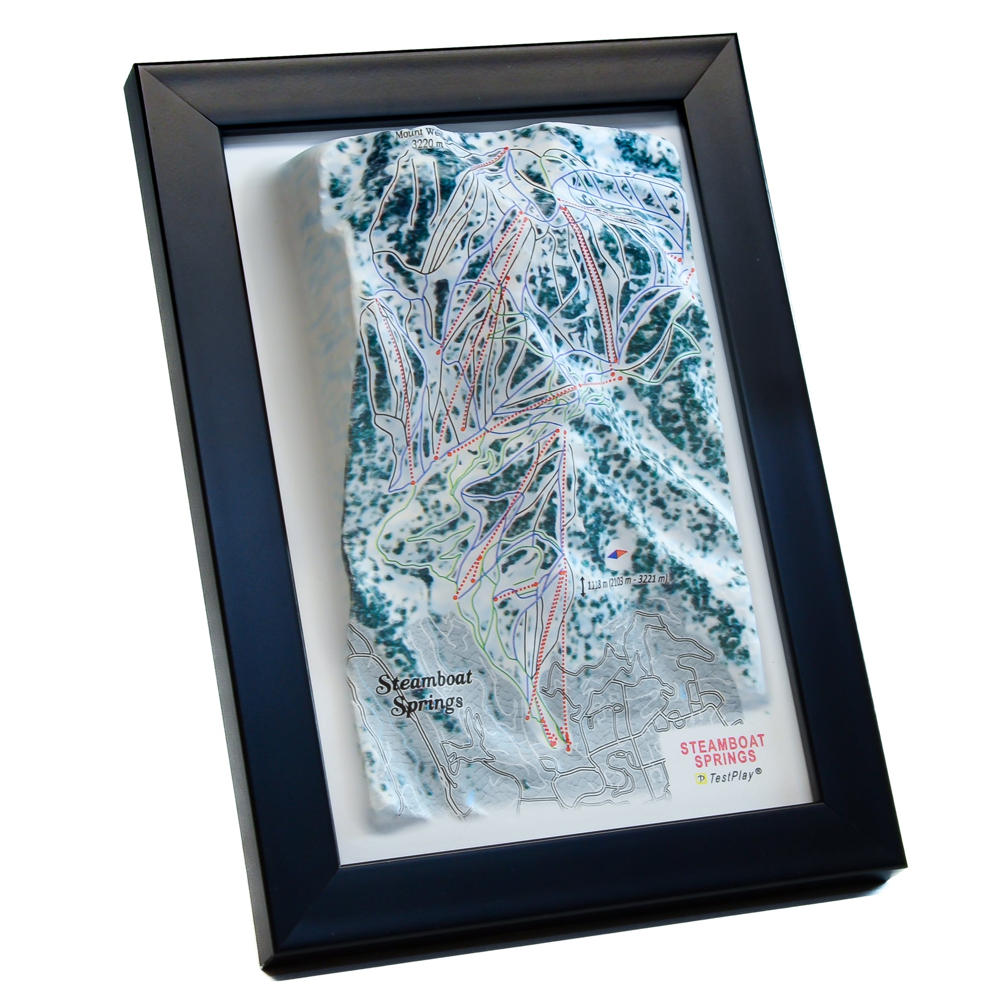 TestPlayNA 3D ski resort map of Steamboat Springs showing family-friendly terrain and lifts