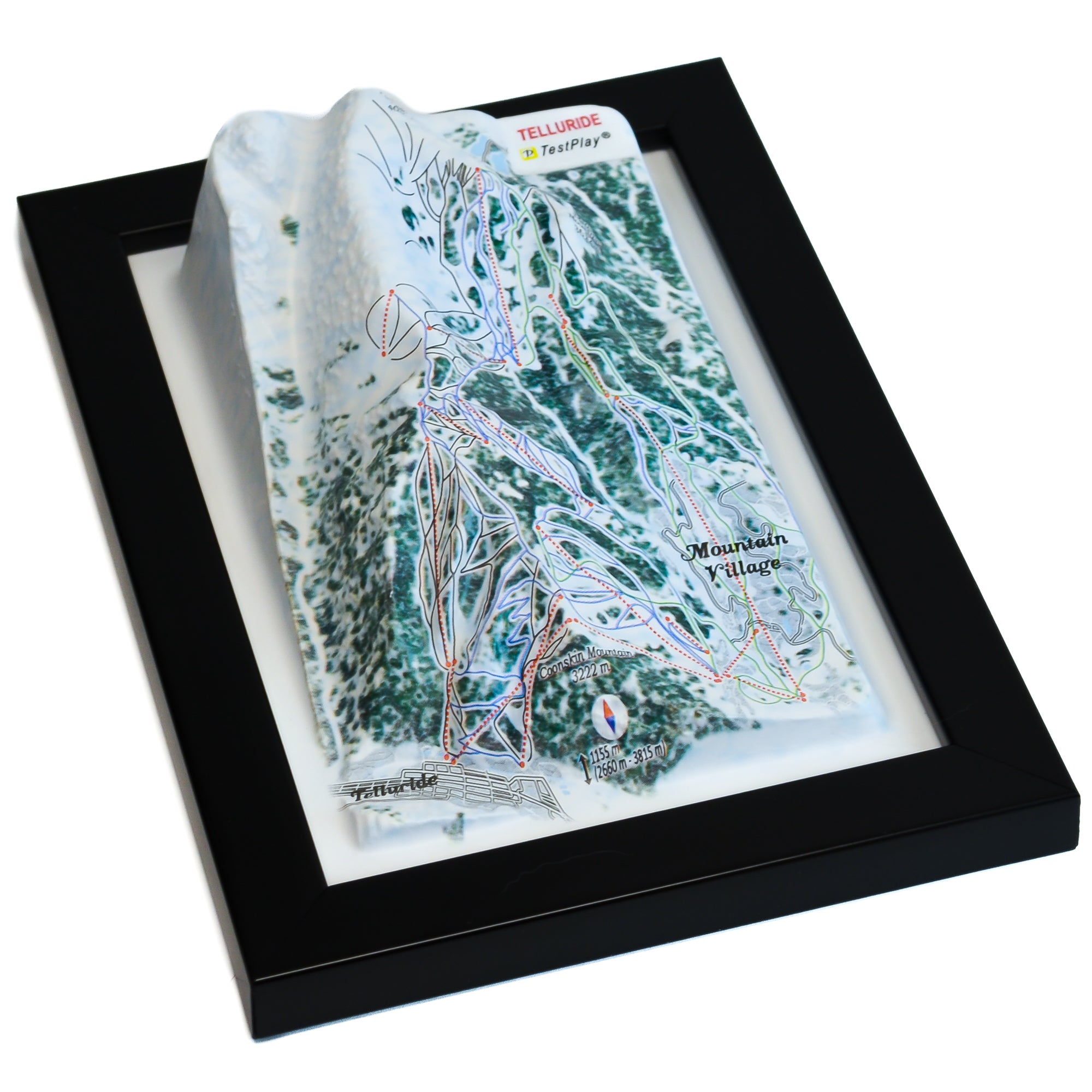 TestPlayNA 3D ski resort map of Telluride showing diverse terrain, runs, and lifts
