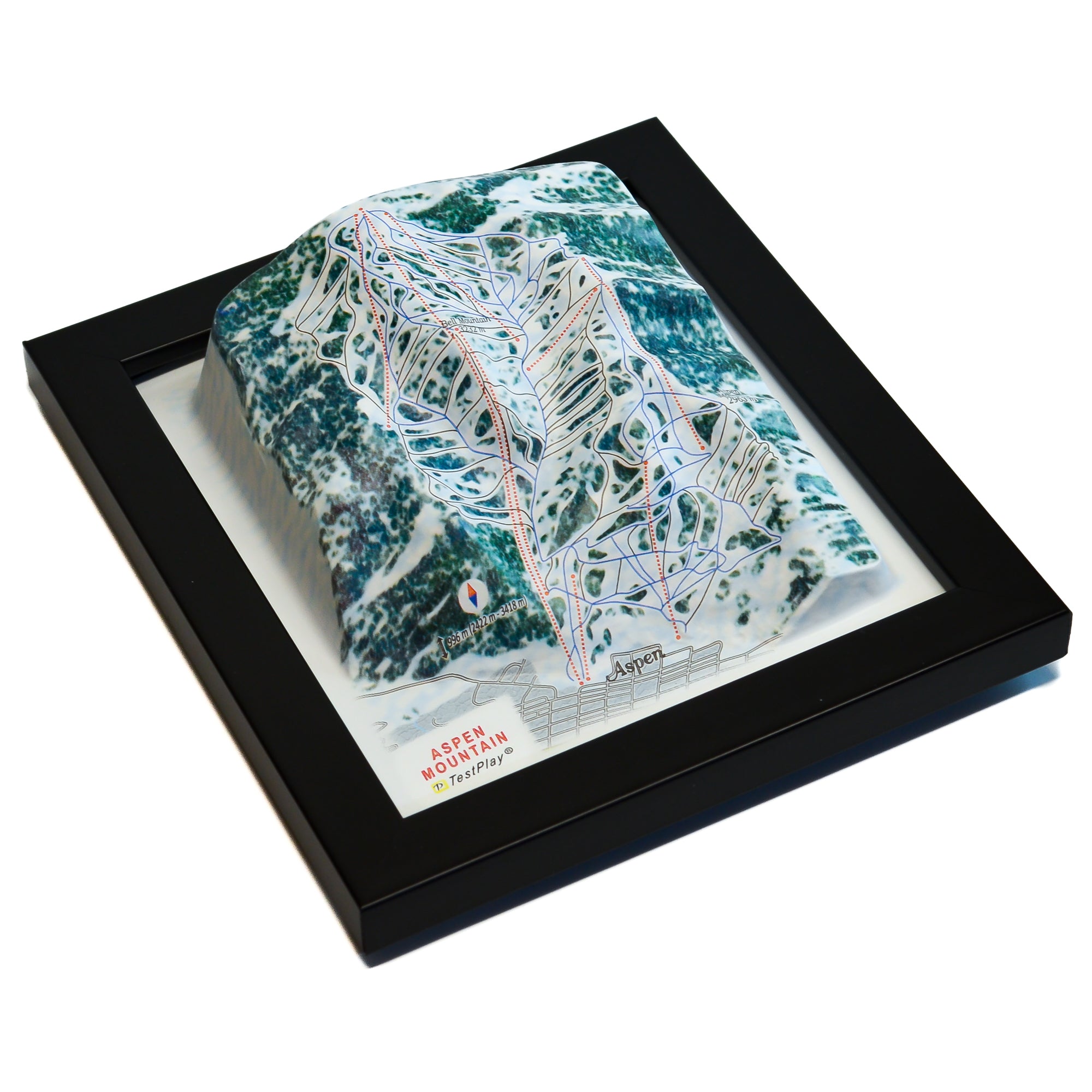 TestPlayNA 3D ski resort map of Aspen Mountain showing challenging terrain and lifts