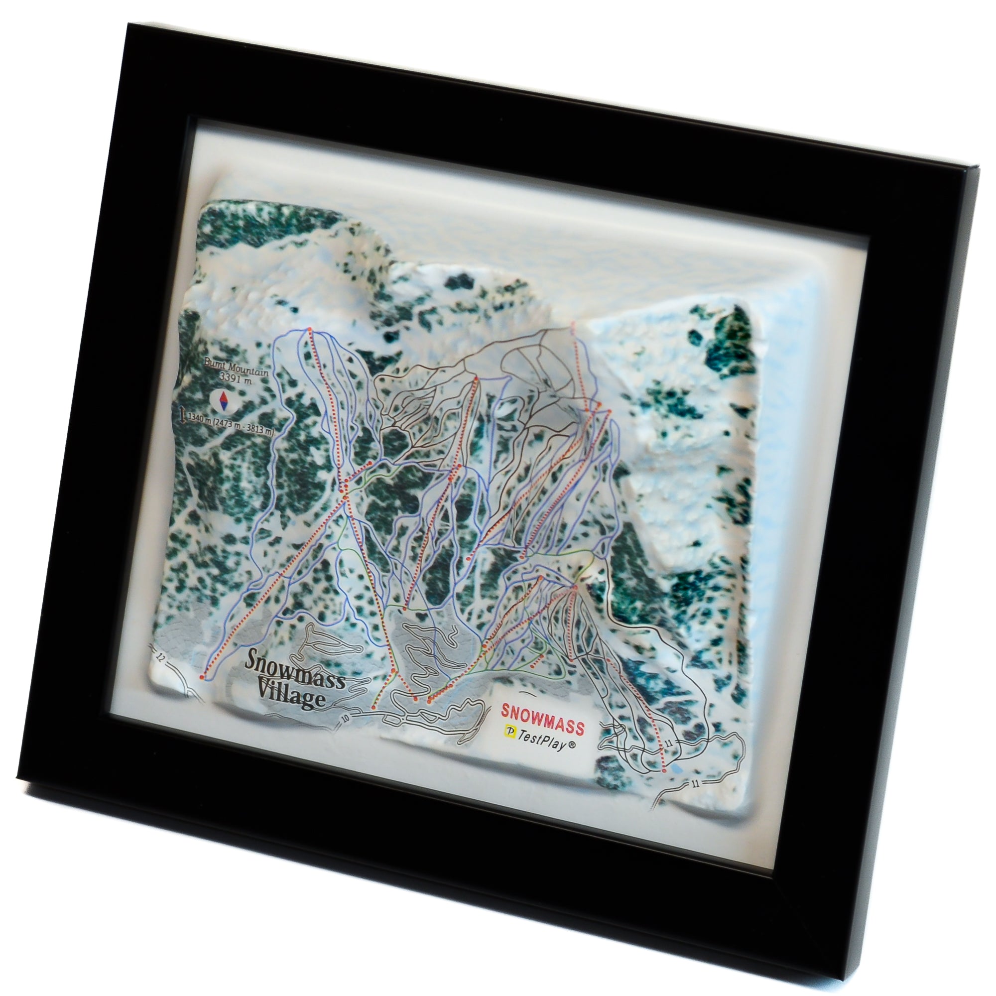 TestPlayNA 3D ski resort map of Snowmass, Aspen showing diverse terrain and lifts