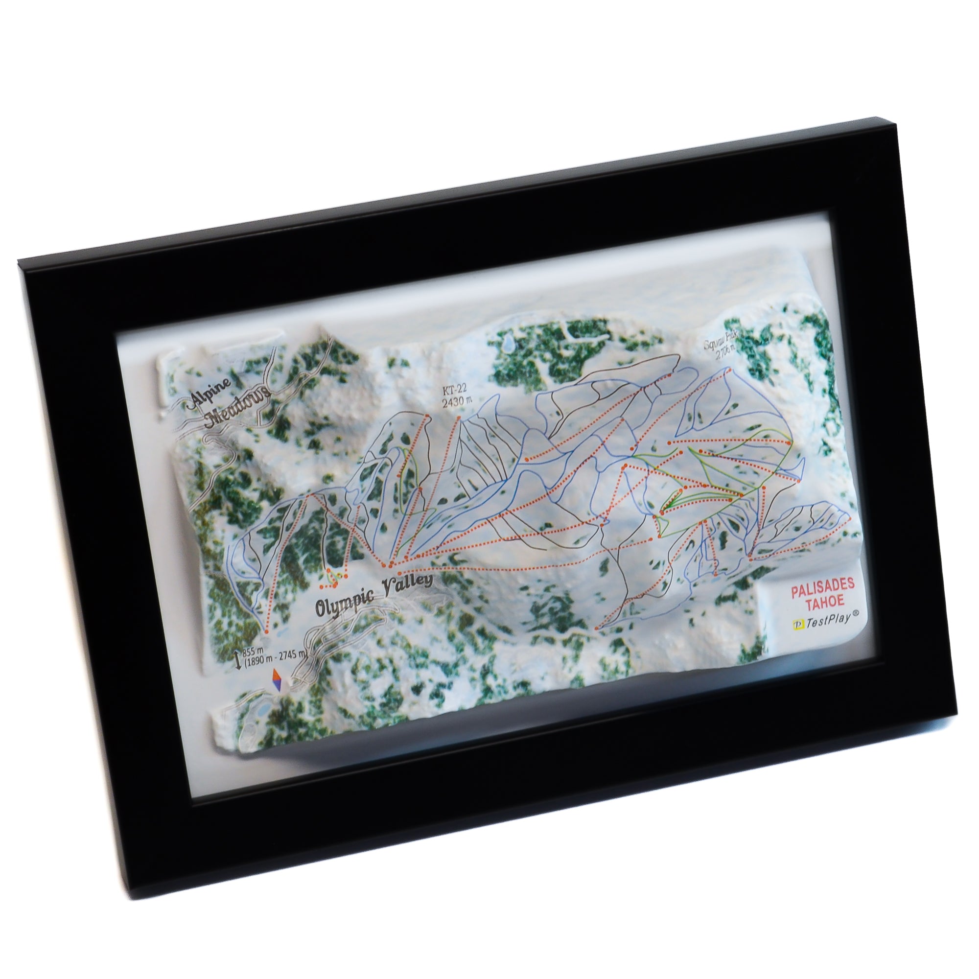 TestPlayNA 3D ski resort map of Palisades Tahoe, Lake Tahoe showing terrain, runs, and lifts