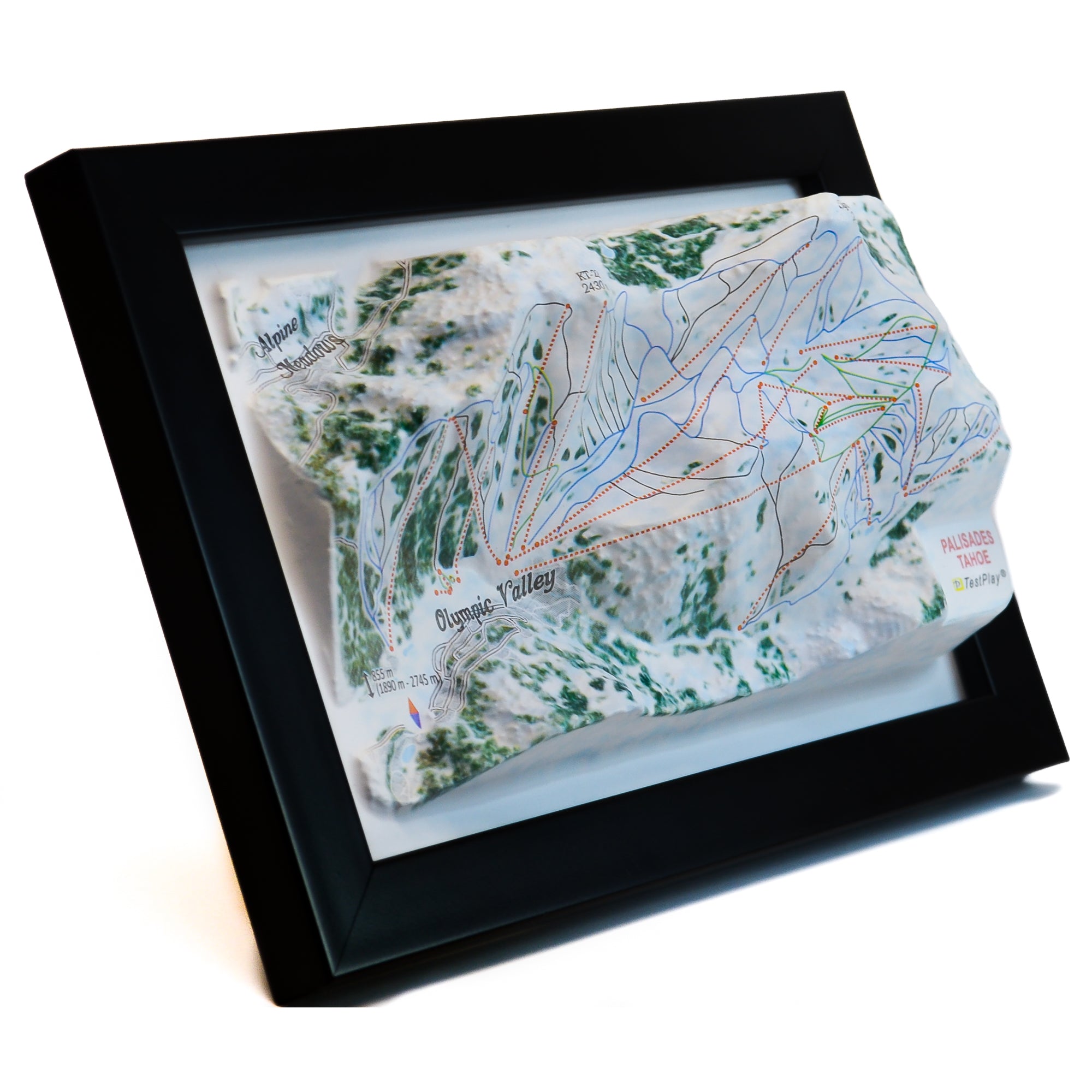 TestPlayNA 3D ski resort map of Palisades Tahoe, Lake Tahoe showing terrain, runs, and lifts