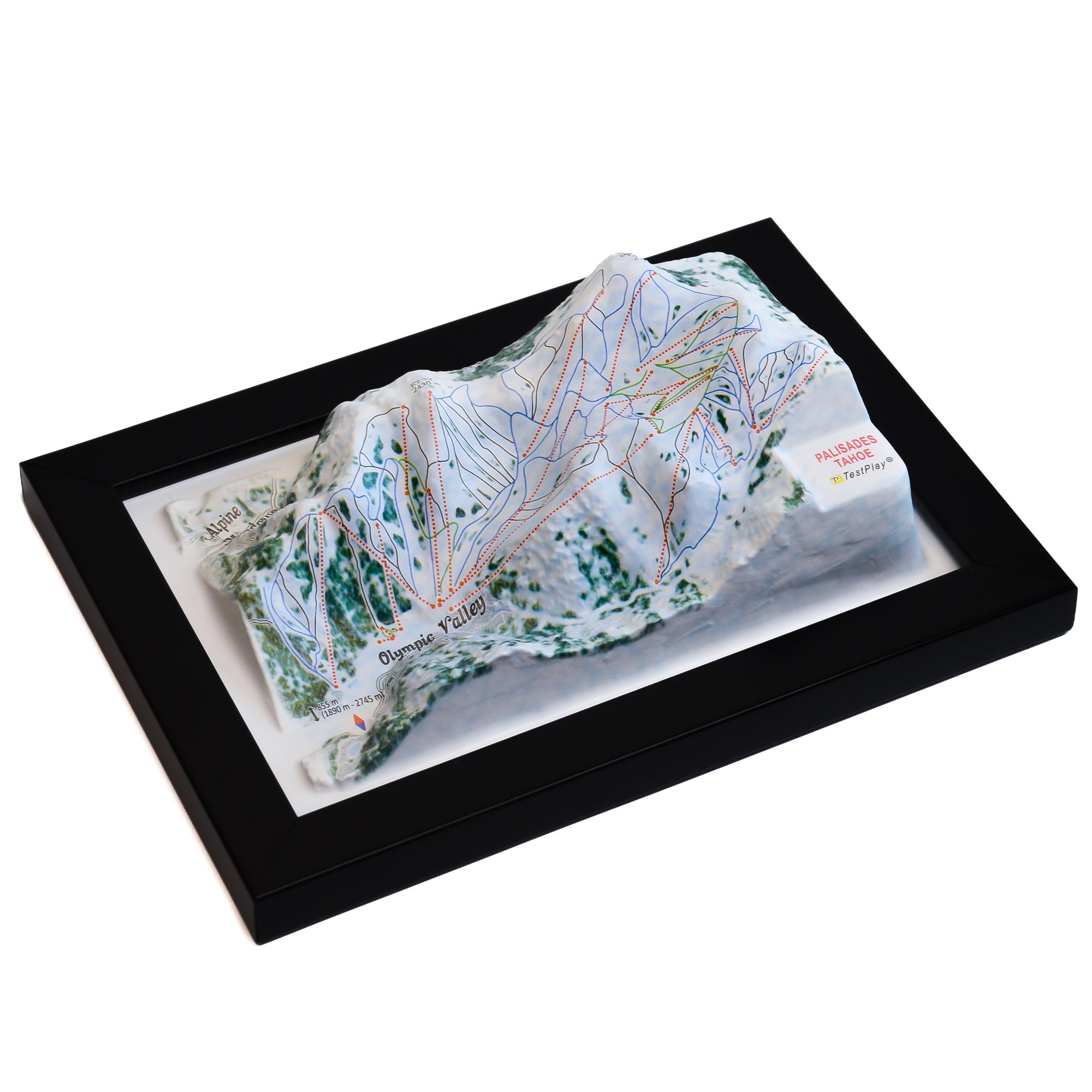 TestPlayNA 3D ski resort map of Palisades Tahoe, Lake Tahoe showing terrain, runs, and lifts