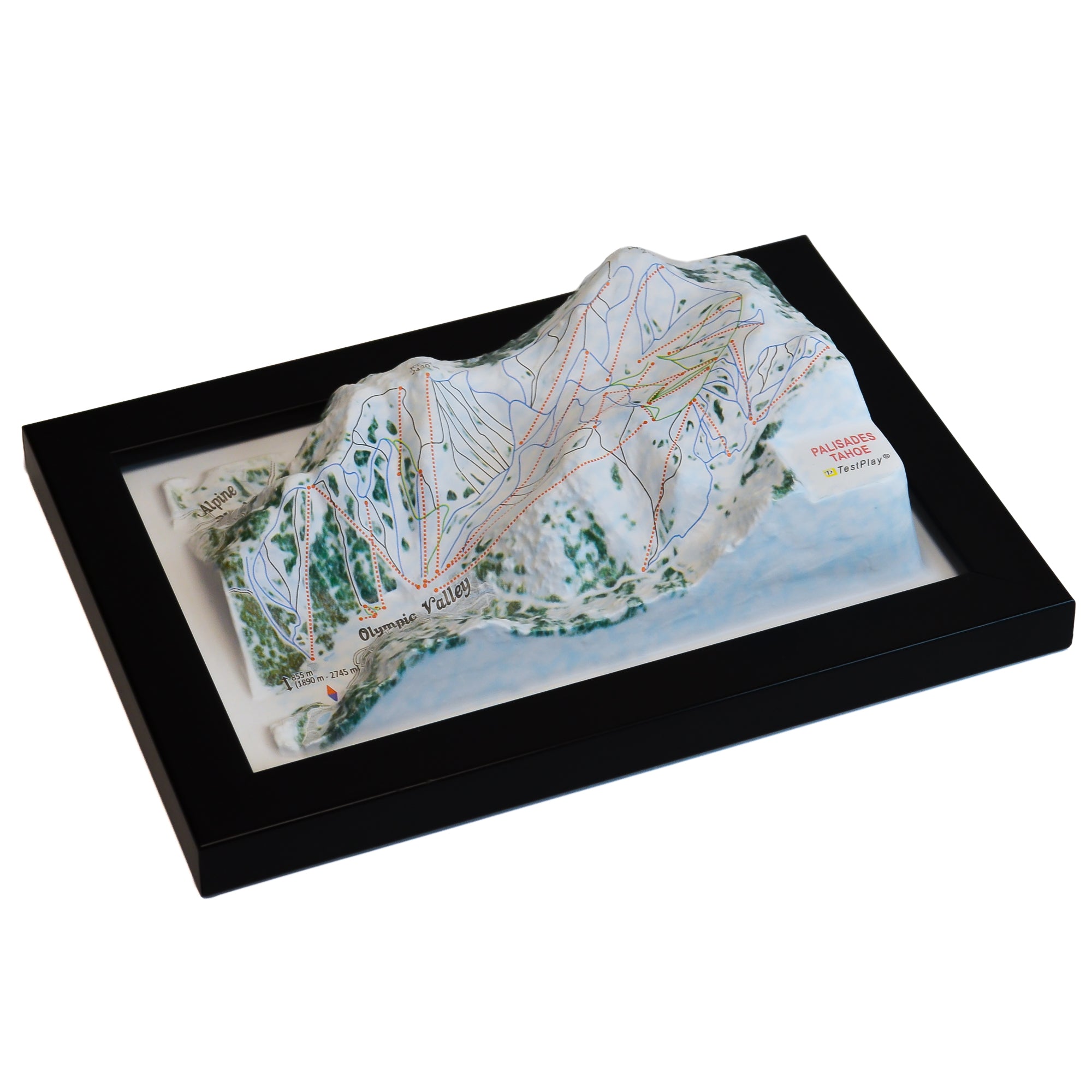 TestPlayNA 3D ski resort map of Palisades Tahoe, Lake Tahoe showing terrain, runs, and lifts