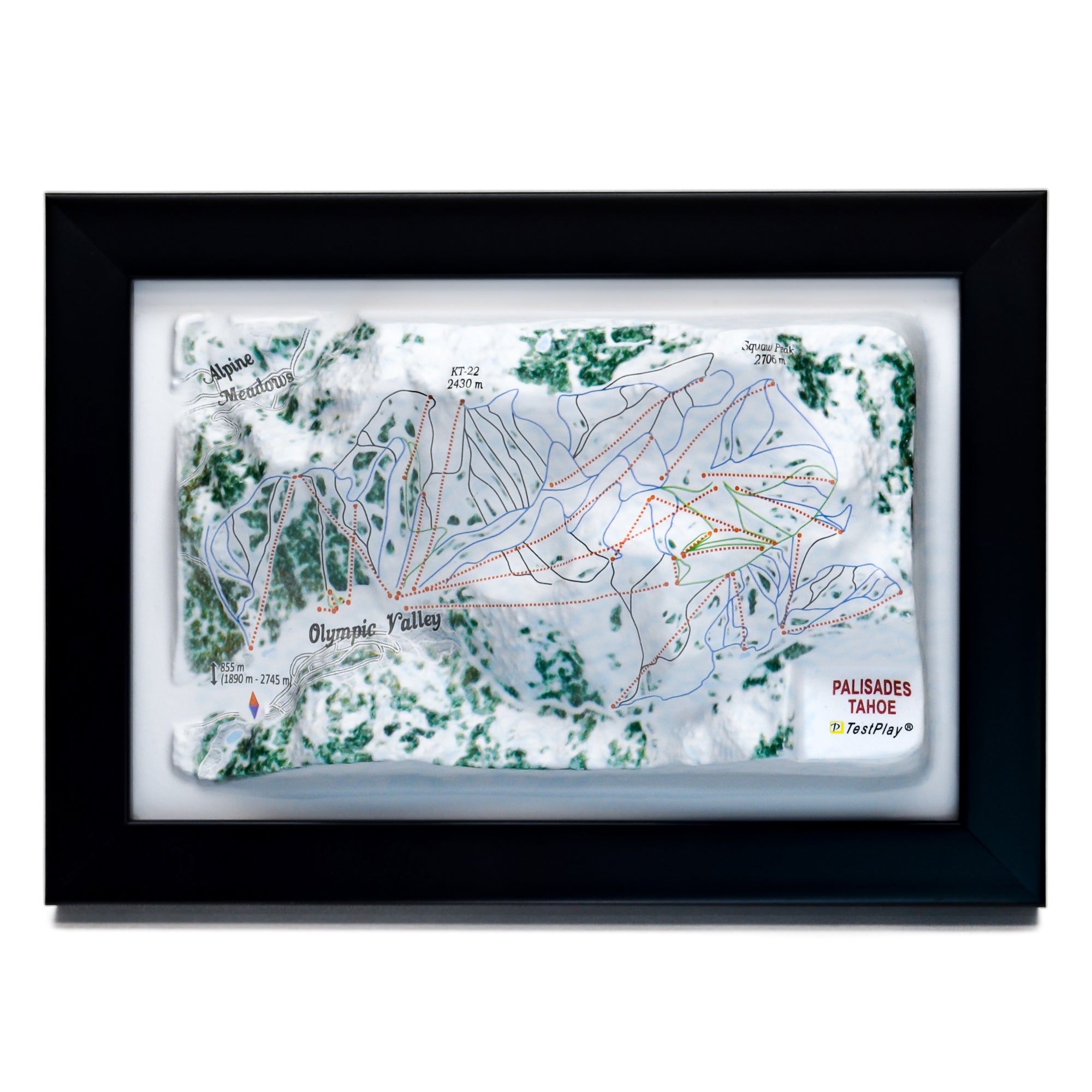 TestPlayNA 3D ski resort map of Palisades Tahoe, Lake Tahoe showing terrain, runs, and lifts