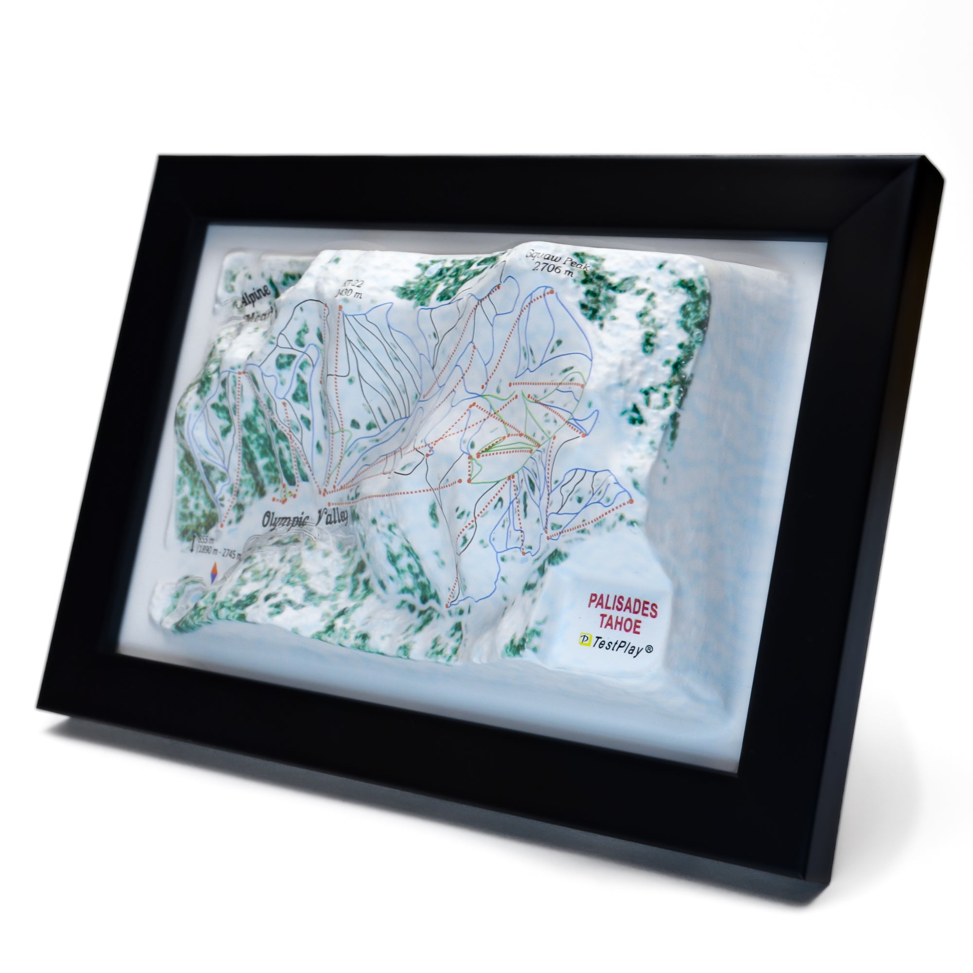 TestPlayNA 3D ski resort map of Palisades Tahoe, Lake Tahoe showing terrain, runs, and lifts