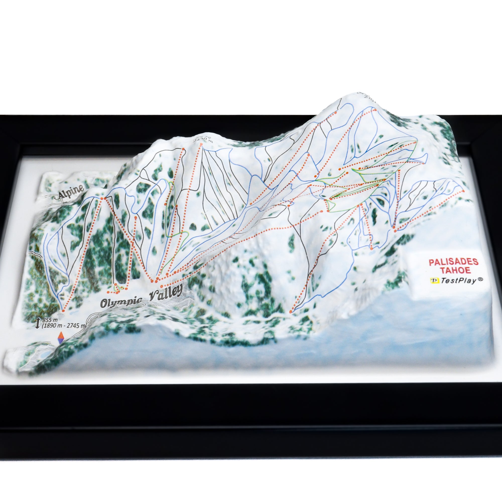 TestPlayNA 3D ski resort map of Palisades Tahoe, Lake Tahoe showing terrain, runs, and lifts