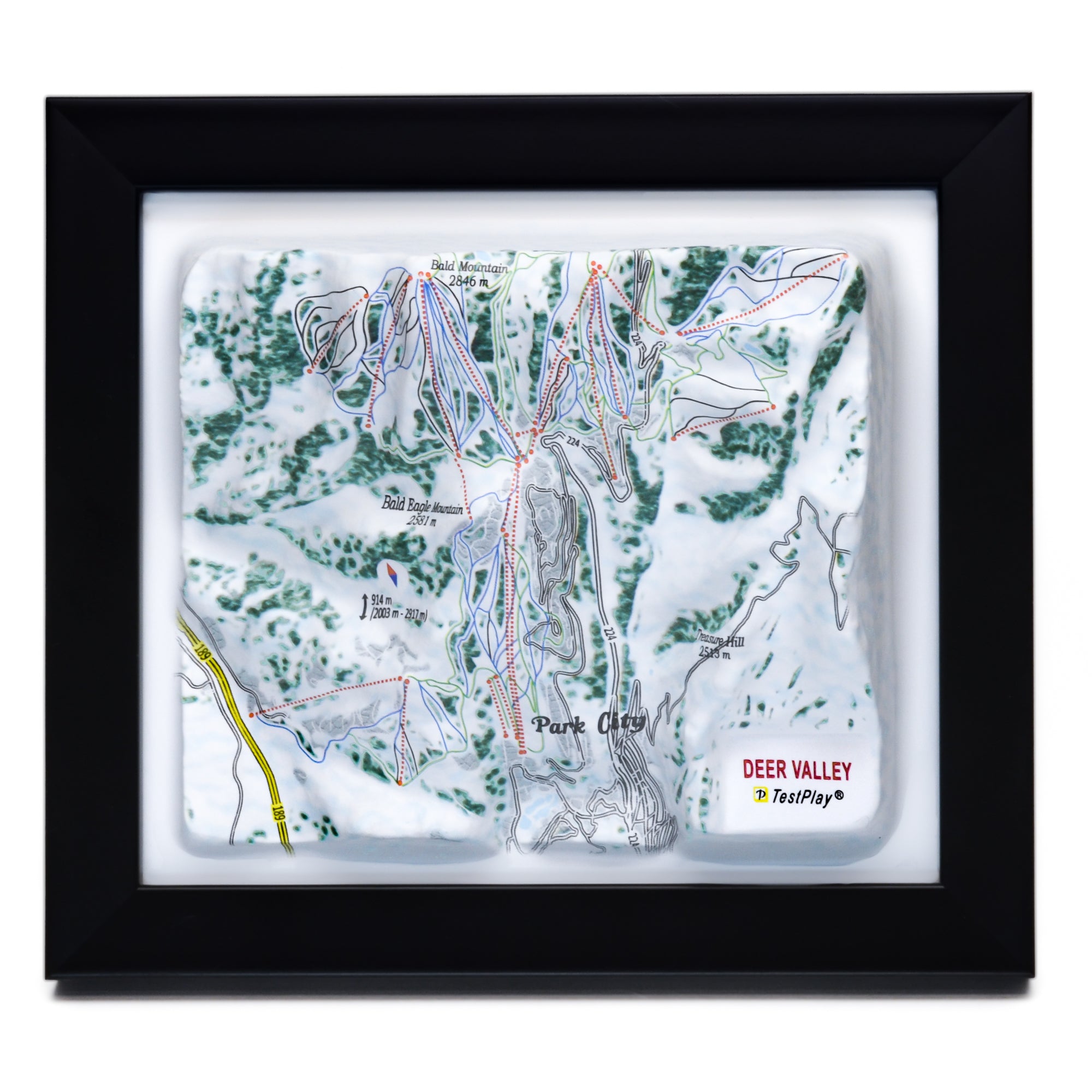 TestPlayNA 3D ski resort map of Deer Valley showing groomed trails and terrain