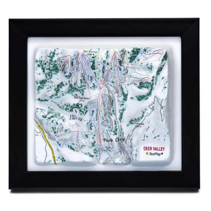 TestPlayNA 3D ski resort map of Deer Valley showing groomed trails and terrain