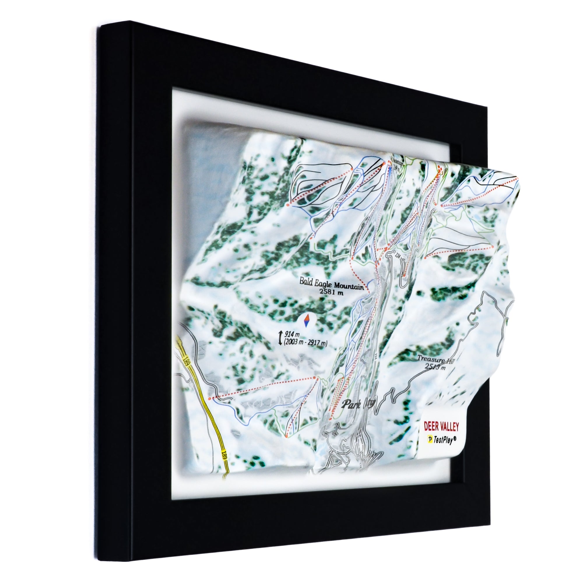 TestPlayNA 3D ski resort map of Deer Valley showing groomed trails and terrain