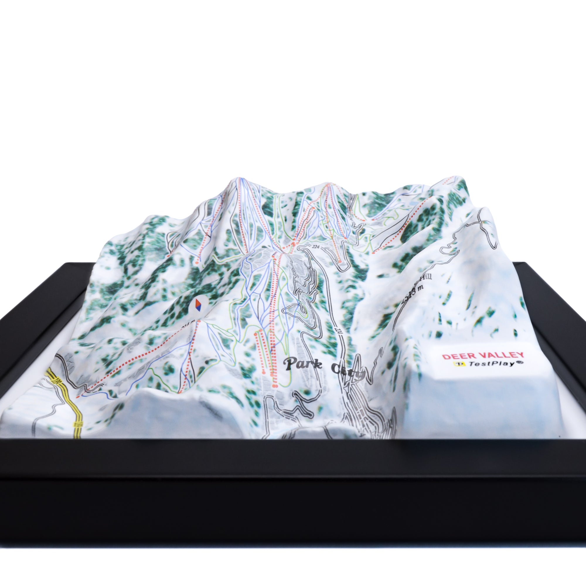 TestPlayNA 3D ski resort map of Deer Valley showing groomed trails and terrain