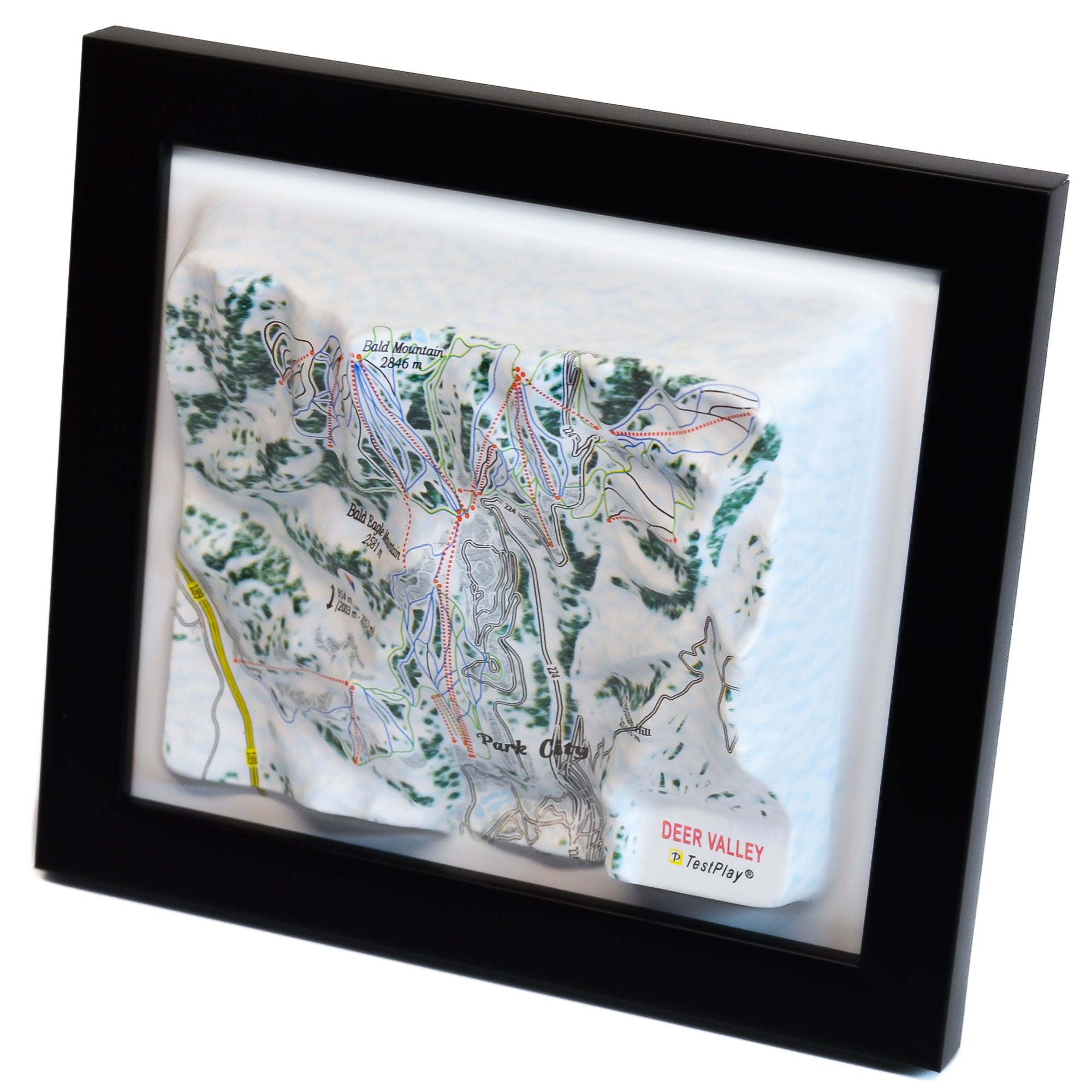 TestPlayNA 3D ski resort map of Deer Valley showing groomed trails and terrain