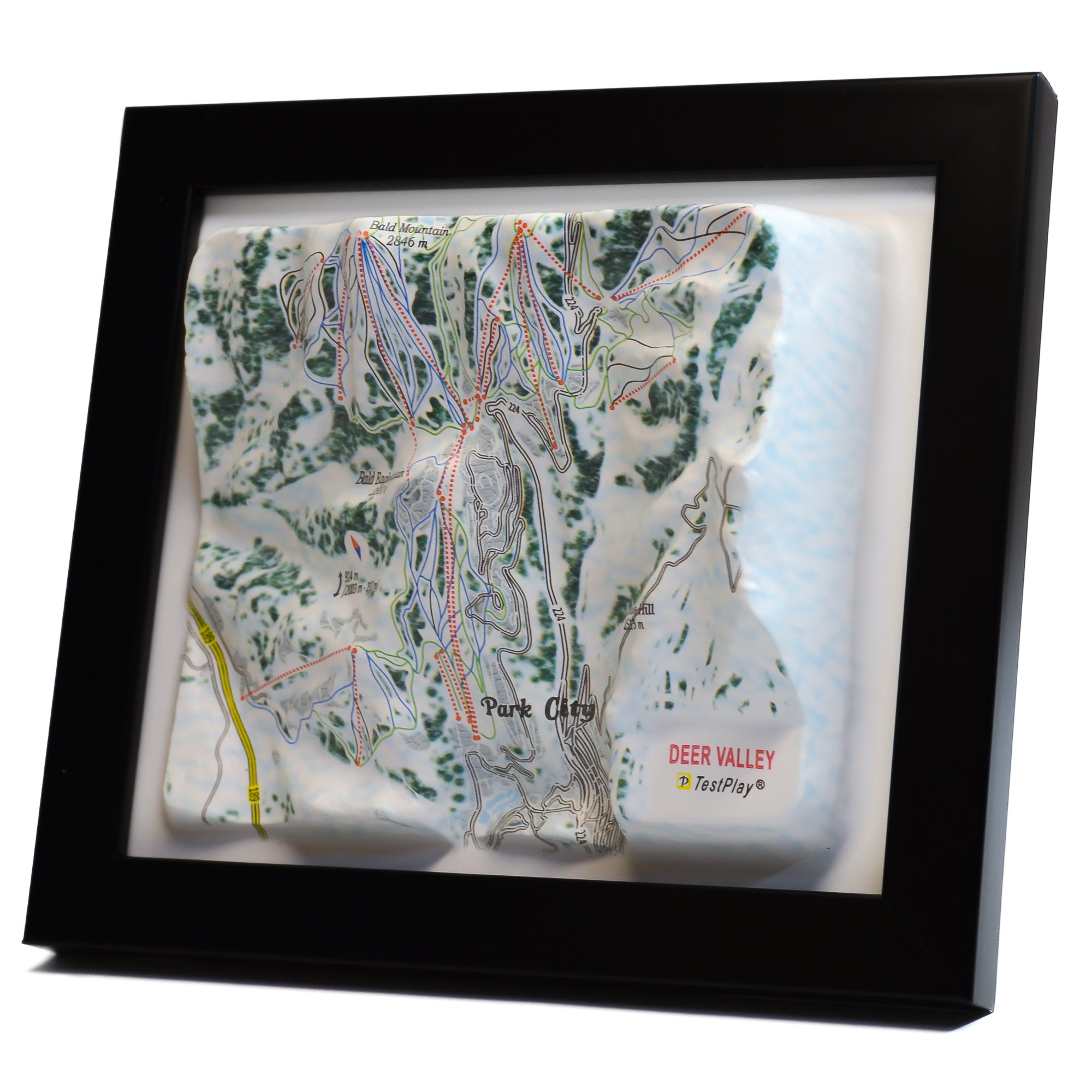 TestPlayNA 3D ski resort map of Deer Valley showing groomed trails and terrain
