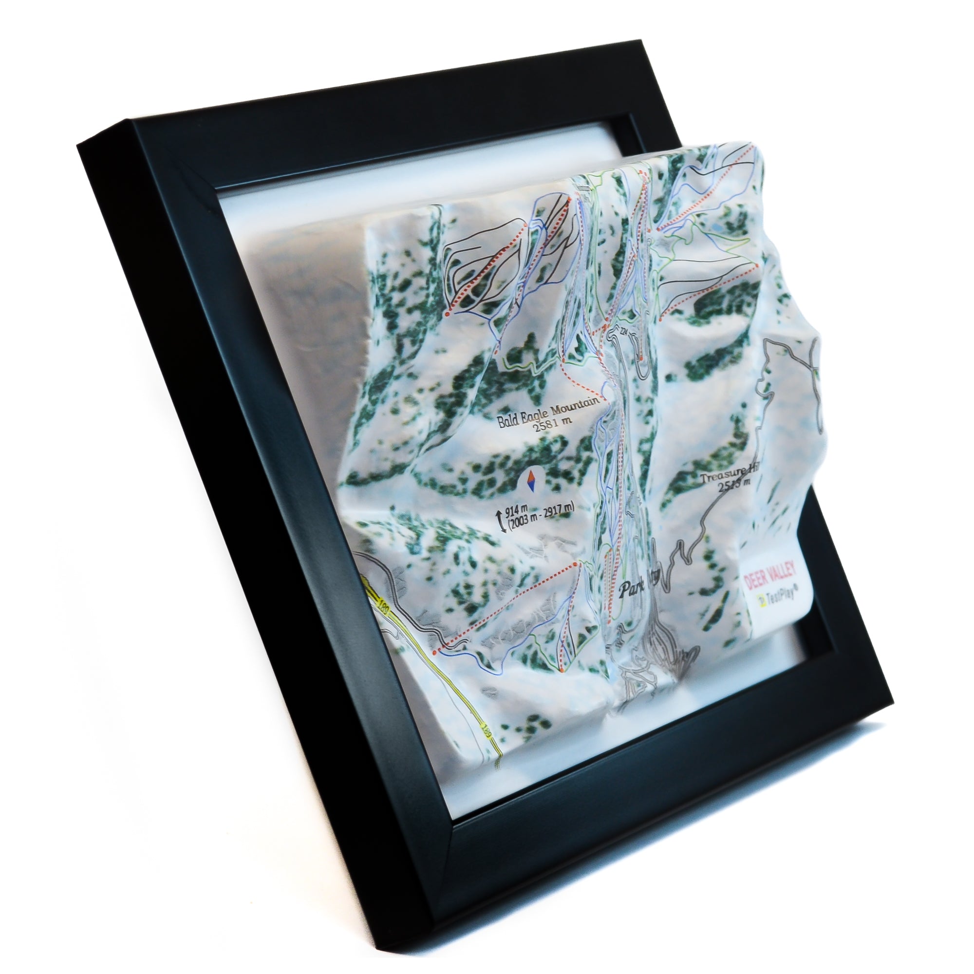 TestPlayNA 3D ski resort map of Deer Valley showing groomed trails and terrain