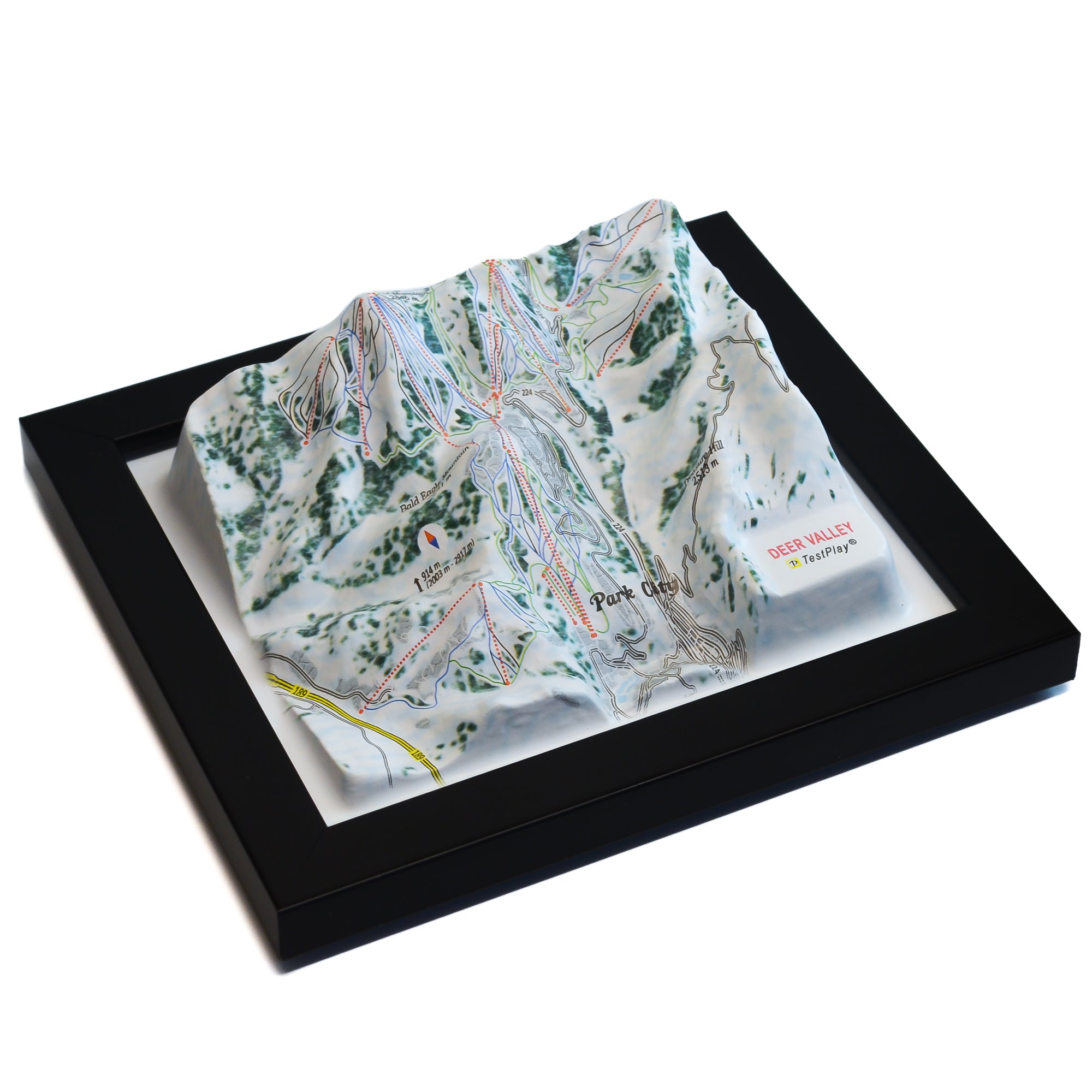 TestPlayNA 3D ski resort map of Deer Valley showing groomed trails and terrain