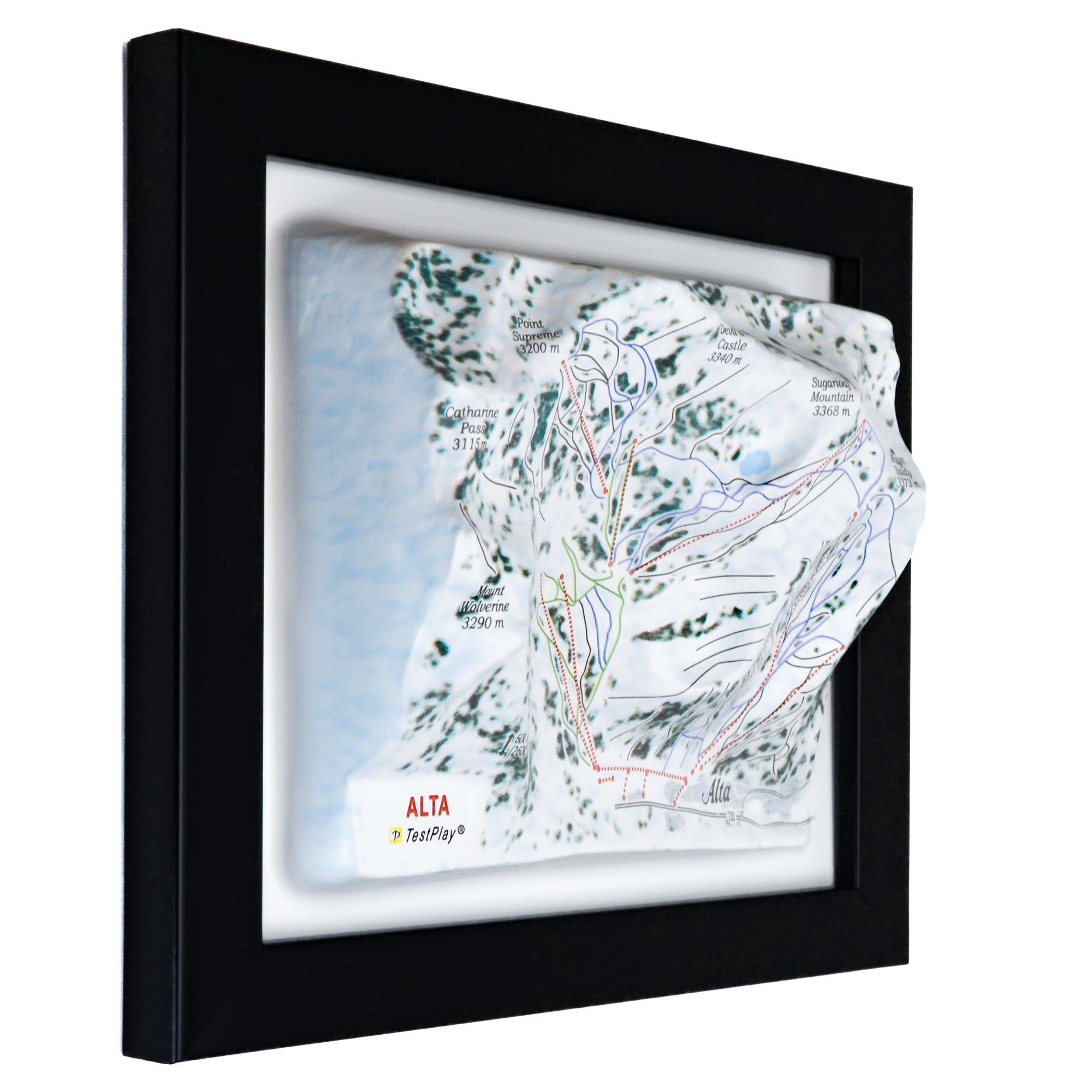 TestPlayNA 3D ski resort map of Alta showing terrain, runs, and lifts