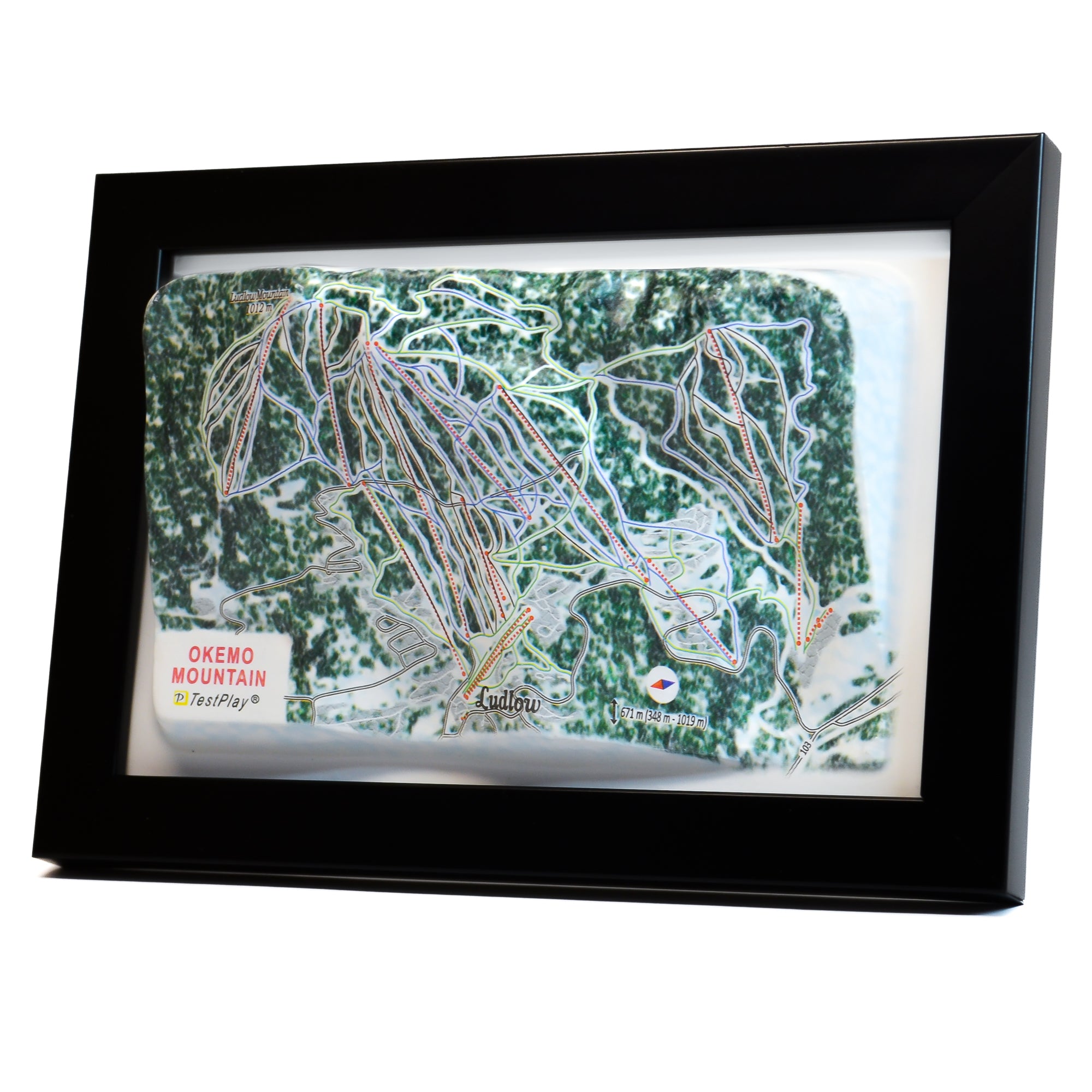 TestPlayNA 3D ski resort map of Okemo Mountain showing terrain, trails, and lifts