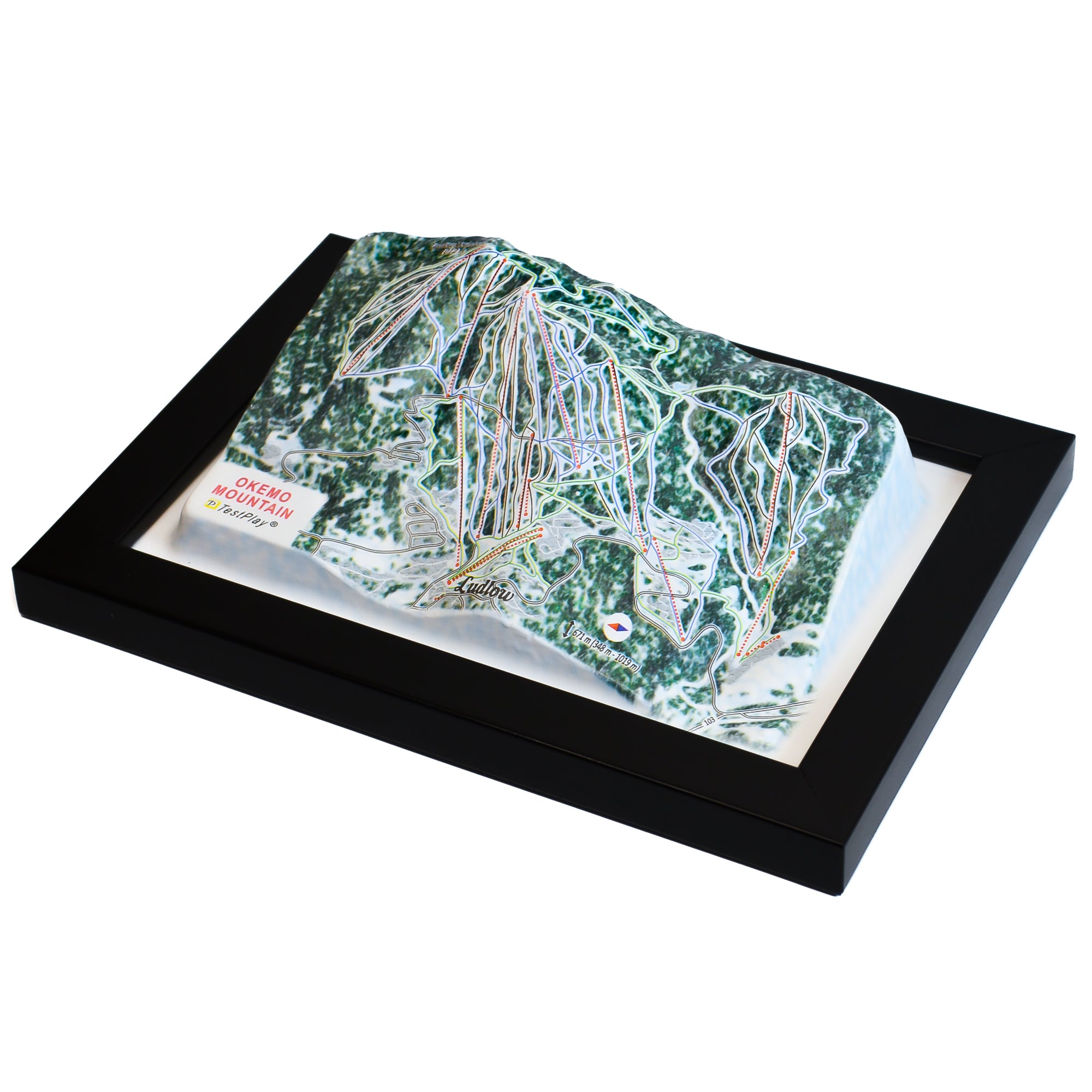 TestPlayNA 3D ski resort map of Okemo Mountain showing terrain, trails, and lifts