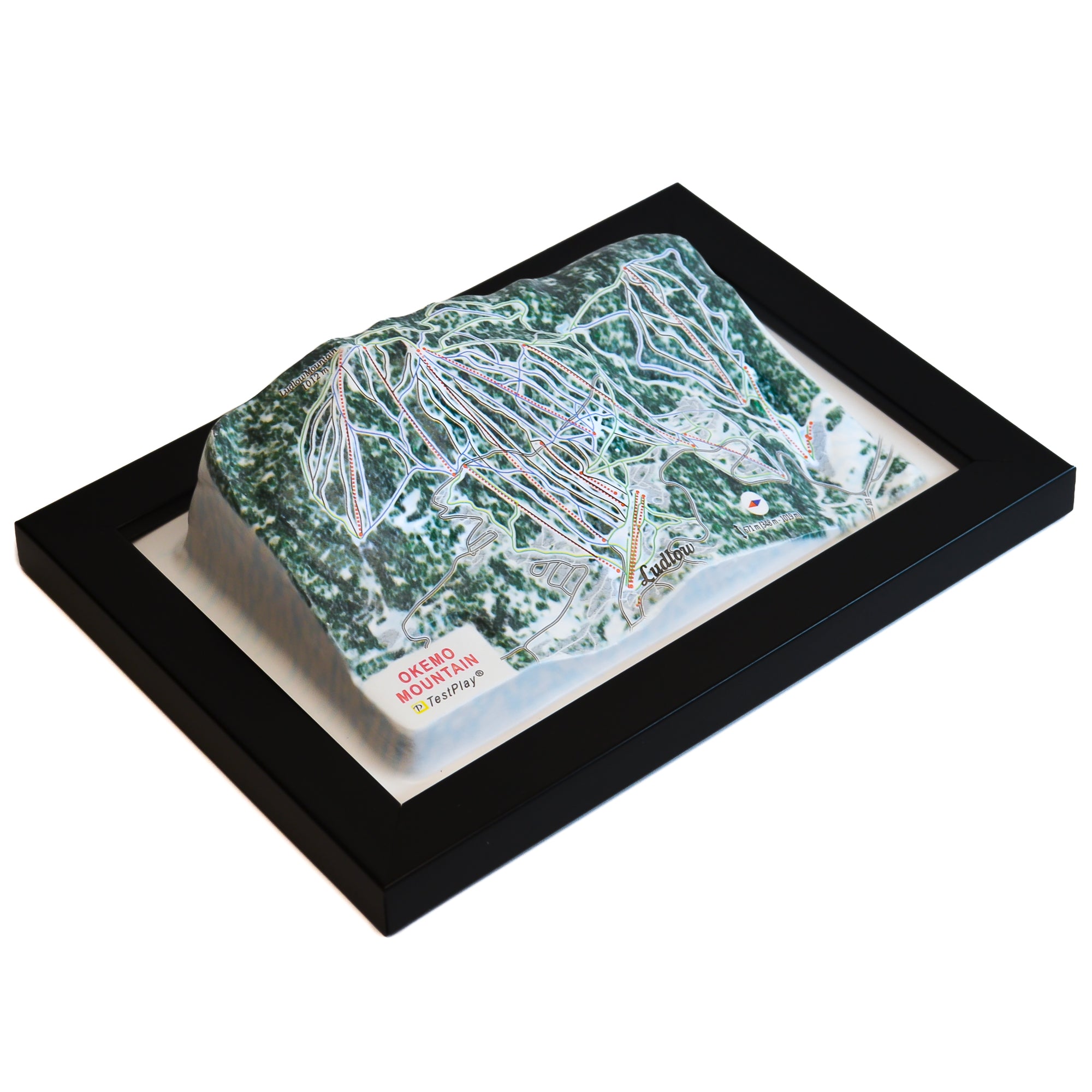 TestPlayNA 3D ski resort map of Okemo Mountain showing terrain, trails, and lifts