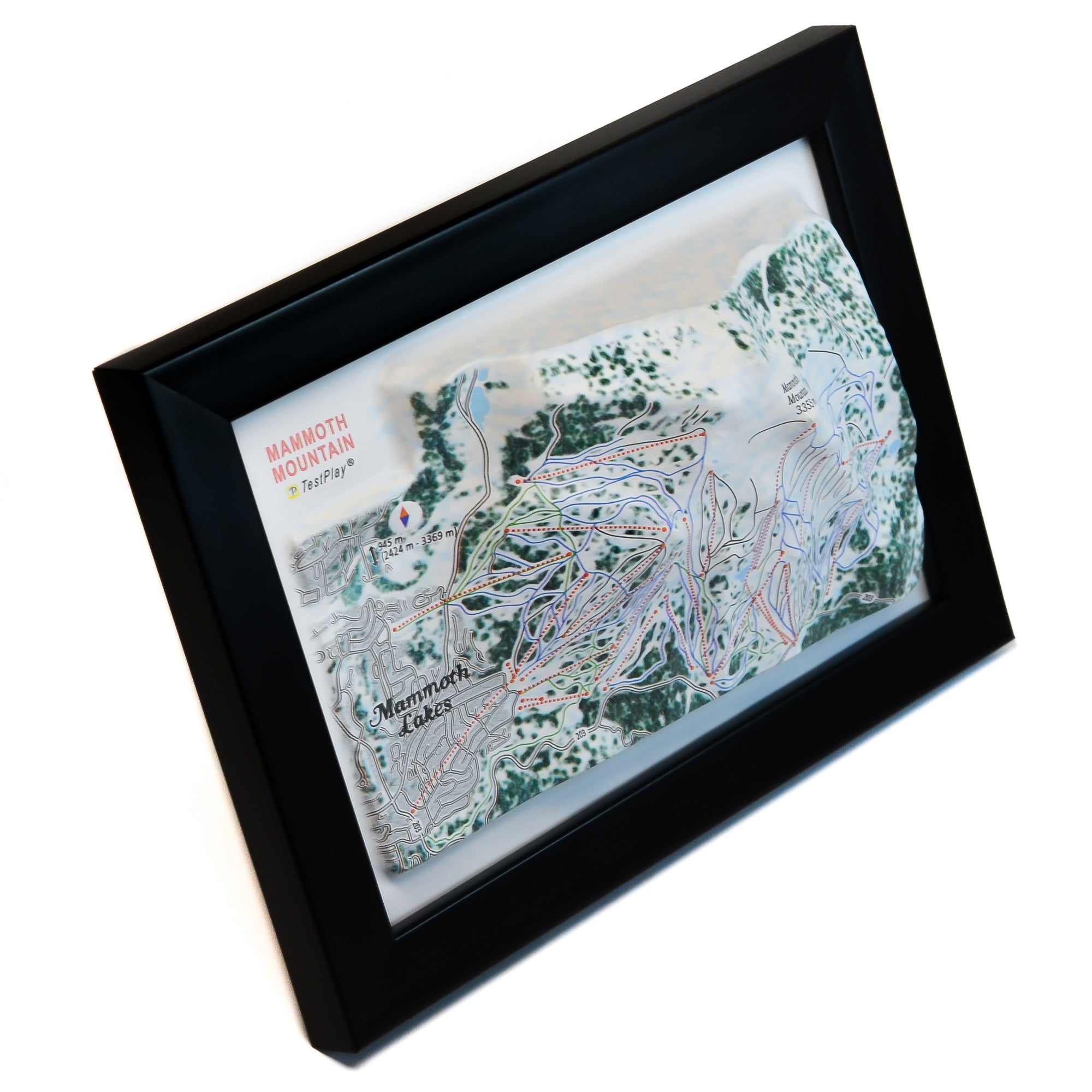 TestPlayNA 3D ski resort map of Mammoth Mountain showing mountains, terrain, and lifts