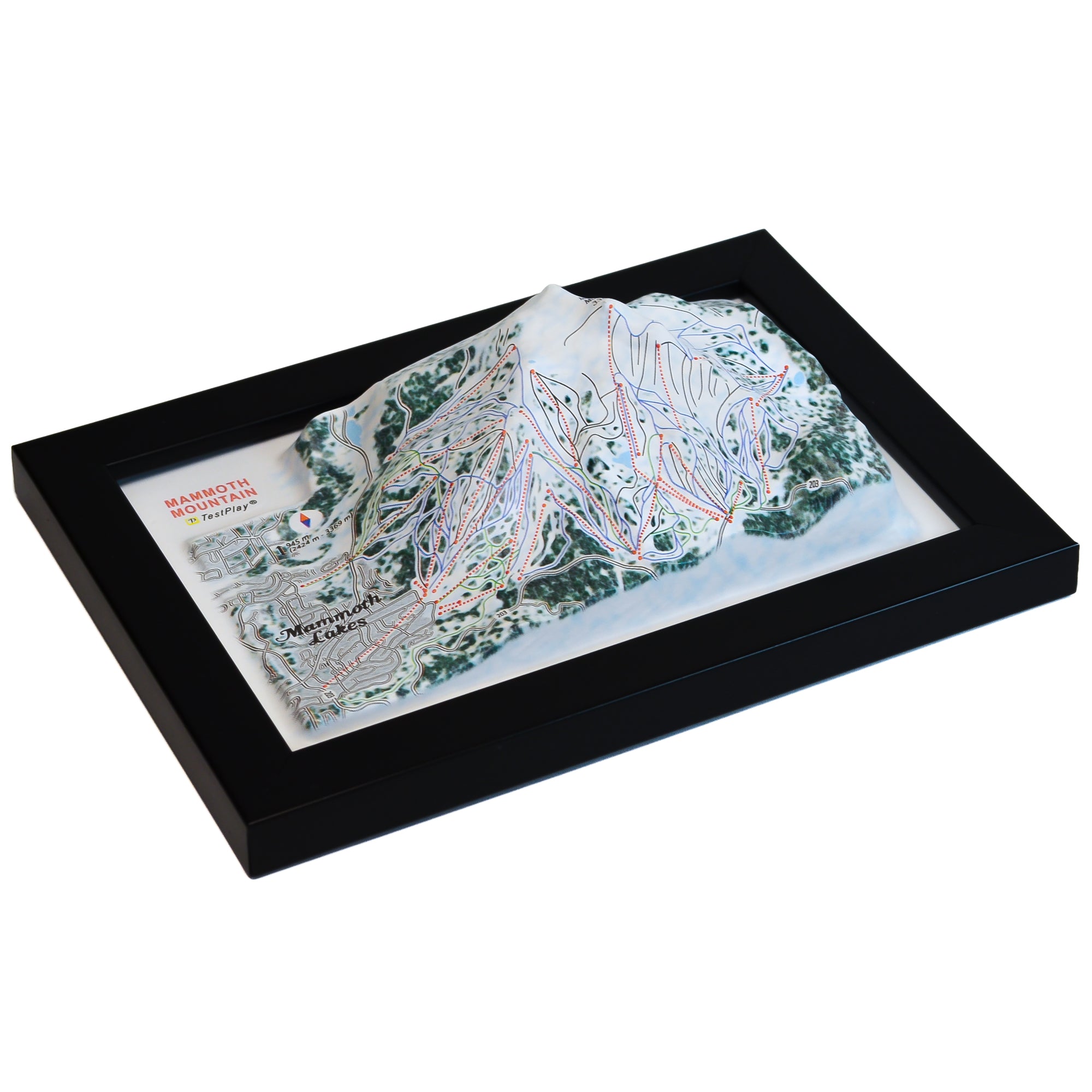 TestPlayNA 3D ski resort map of Mammoth Mountain showing mountains, terrain, and lifts