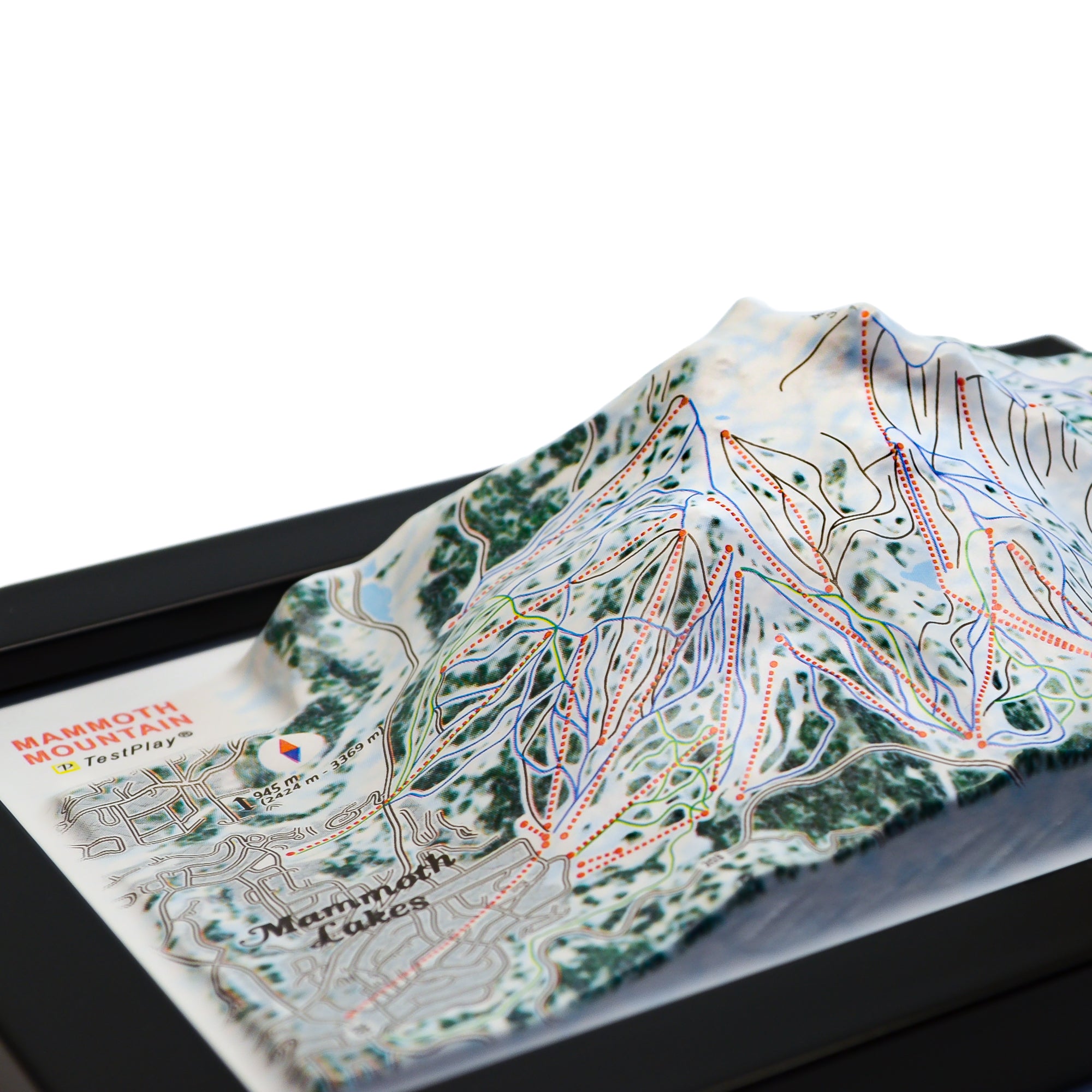 TestPlayNA 3D ski resort map of Mammoth Mountain showing mountains, terrain, and lifts