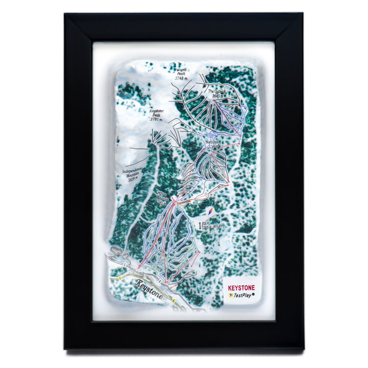 TestPlayNA 3D ski resort map of Keystone showing terrain, runs, and lifts