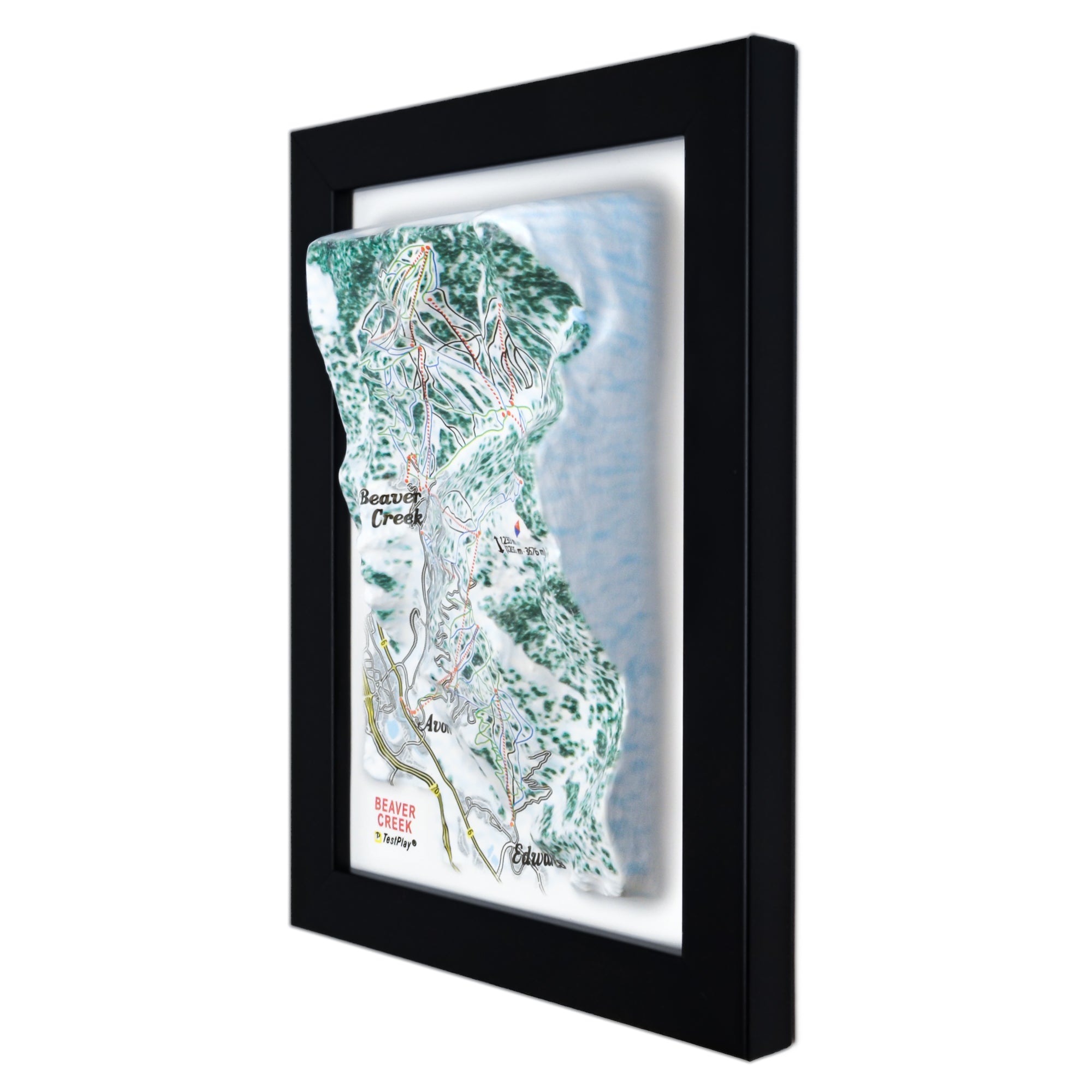 TestPlayNA 3D ski resort map of Beaver Creek showing terrain, winding trails, and lifts