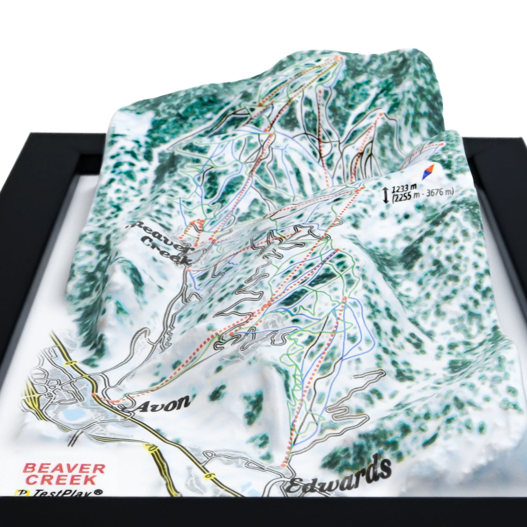 TestPlayNA 3D ski resort map of Beaver Creek showing terrain, winding trails, and lifts