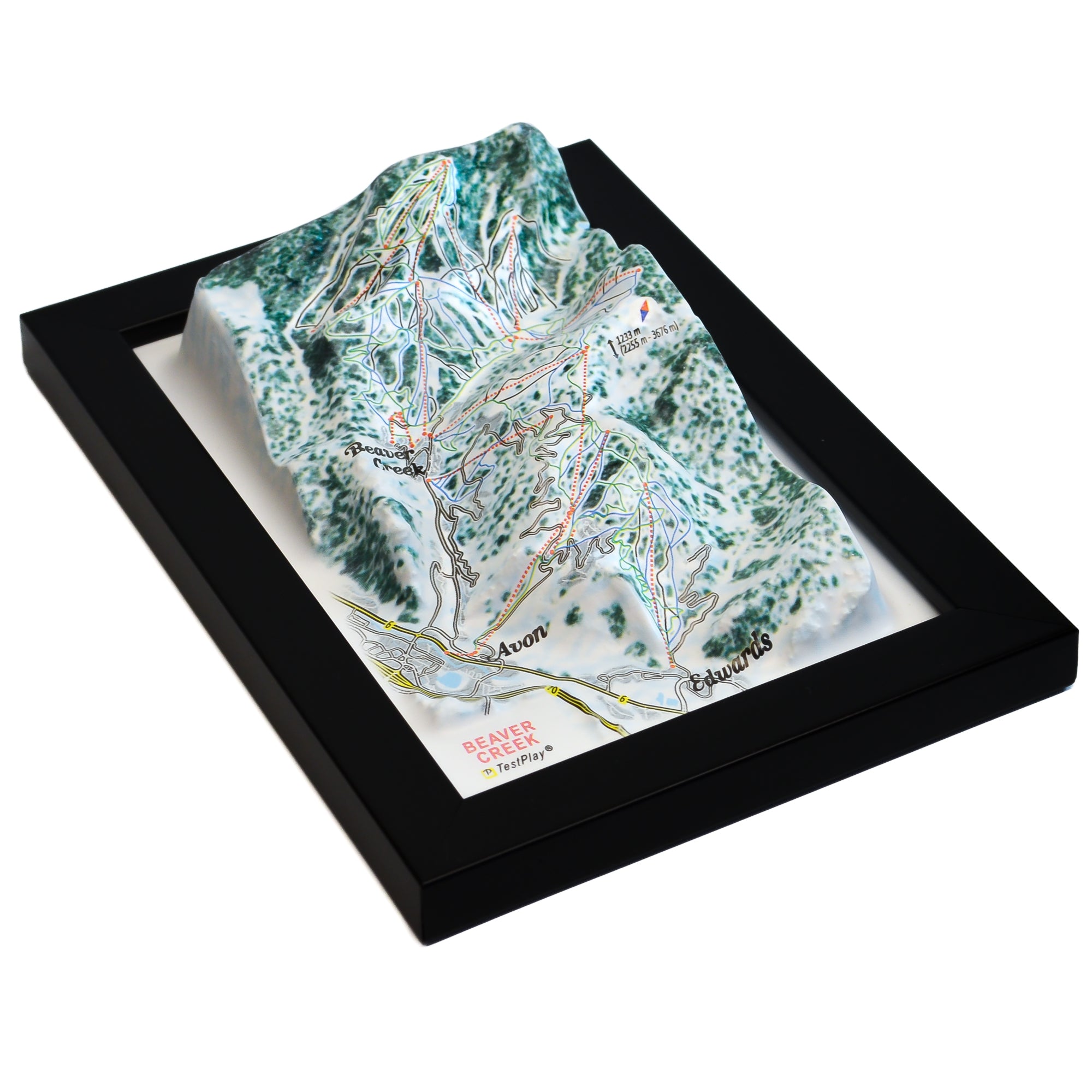 TestPlayNA 3D ski resort map of Beaver Creek showing terrain, winding trails, and lifts