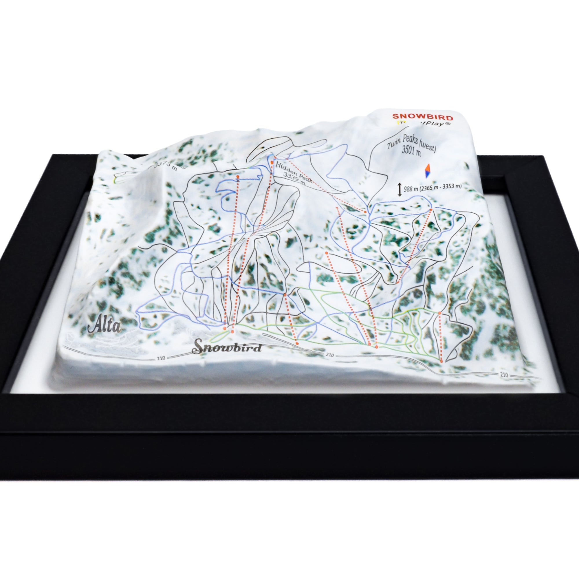 TestPlayNA 3D ski resort map of Snowbird showing mountains, terrain, and lifts