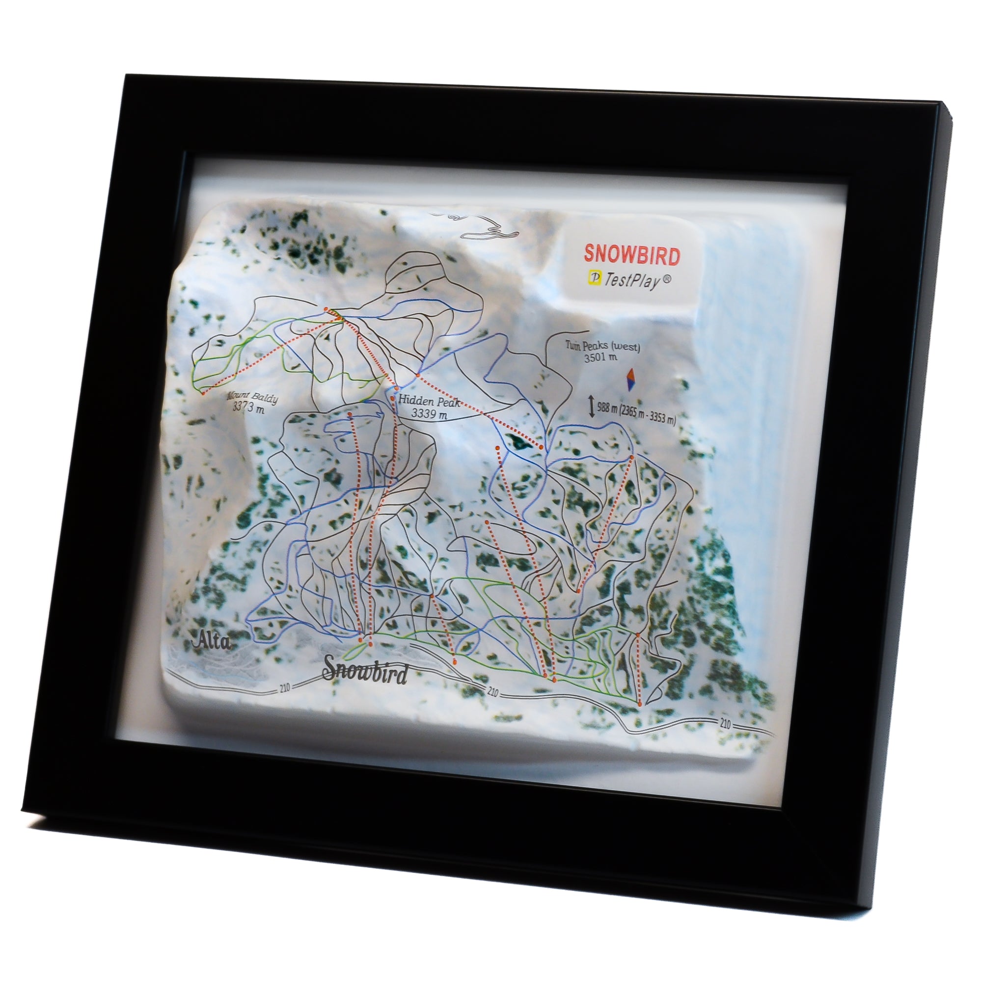 TestPlayNA 3D ski resort map of Snowbird showing mountains, terrain, and lifts
