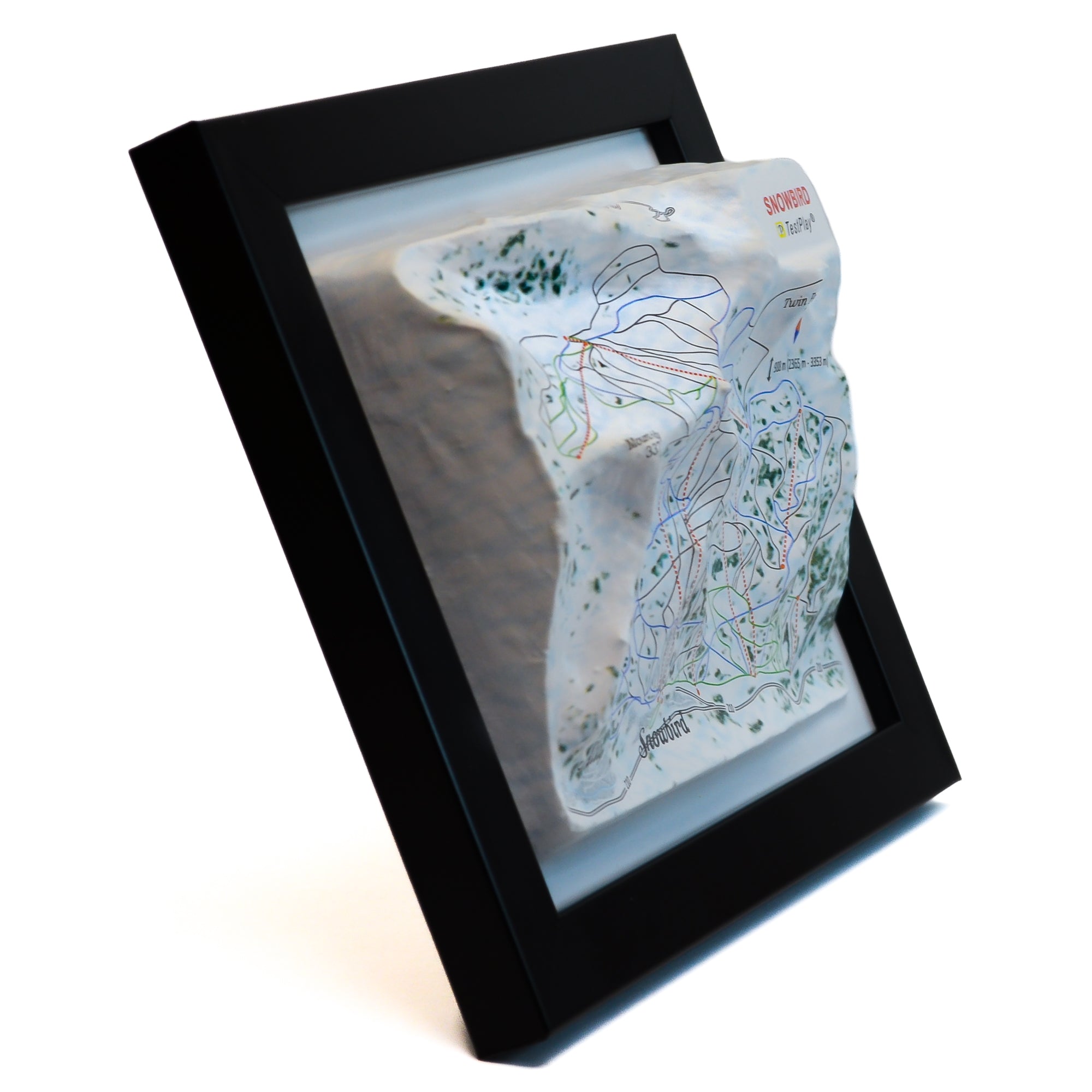 TestPlayNA 3D ski resort map of Snowbird showing mountains, terrain, and lifts