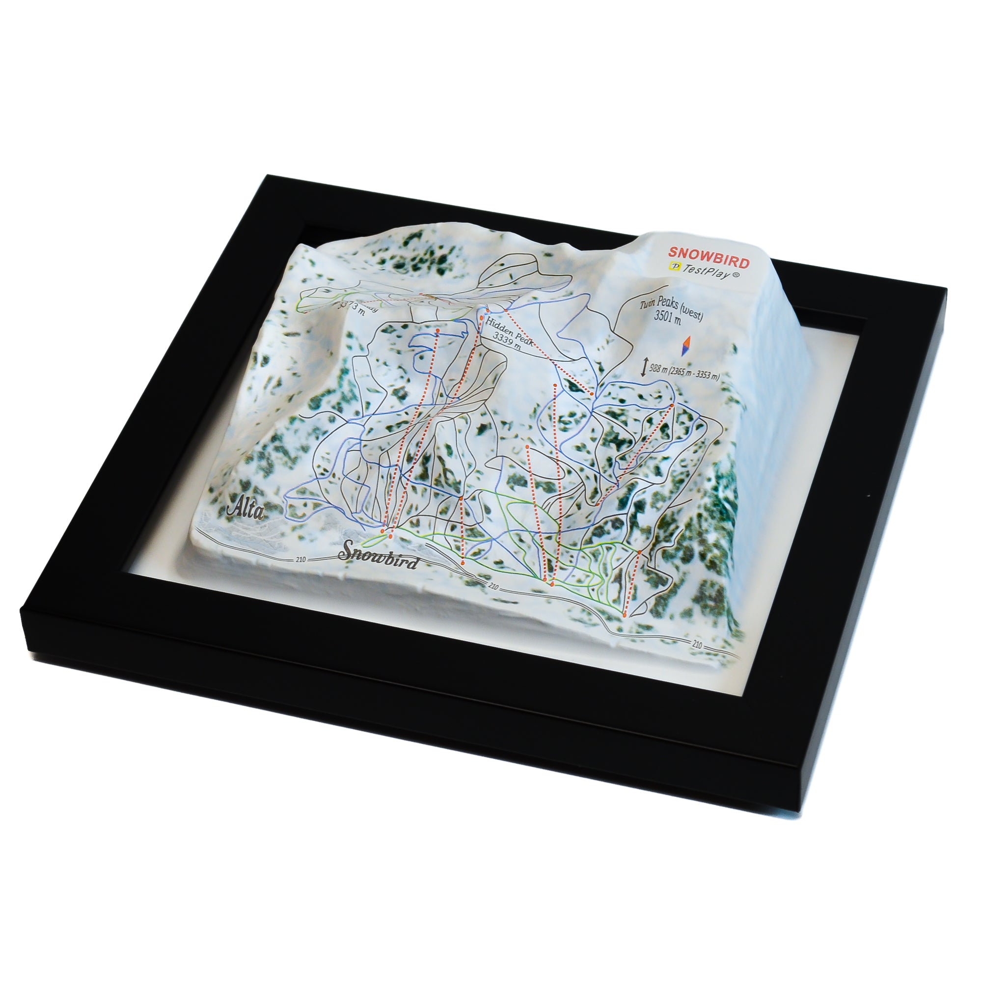 TestPlayNA 3D ski resort map of Snowbird showing mountains, terrain, and lifts