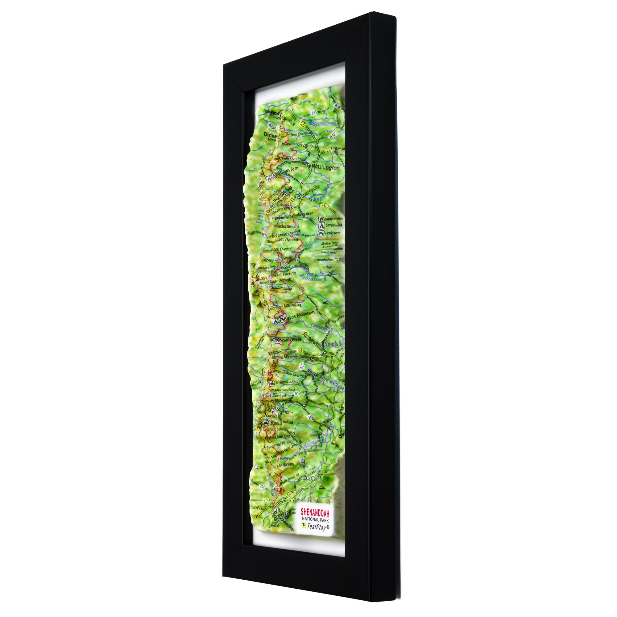 TestPlayNA 3D raised relief map of Shenandoah National Park showing the Blue Ridge Mountains and Skyline Drive